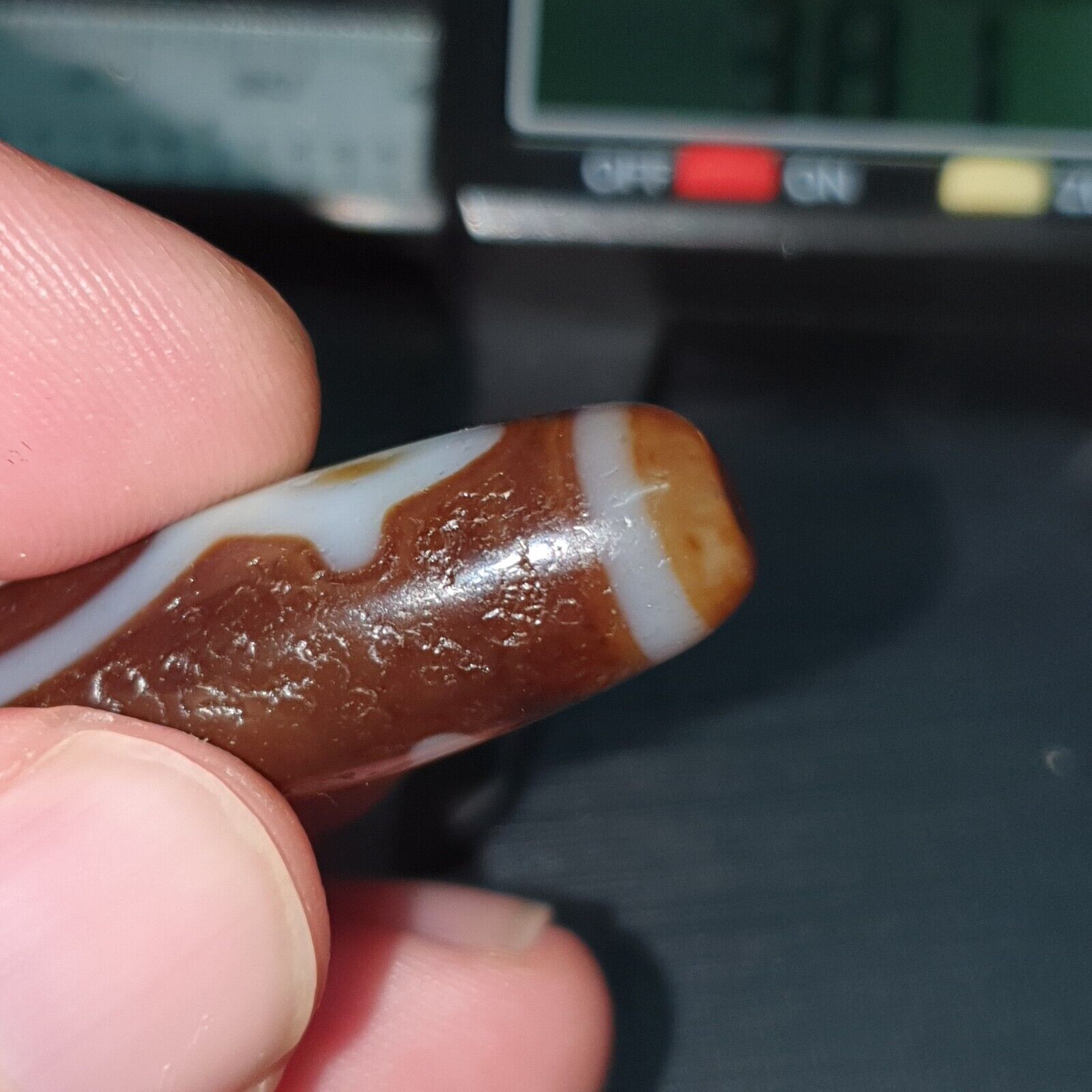 Tibetan Old Agate Dzi Bead " Unique Tasso Pattern " Amulet Pendant