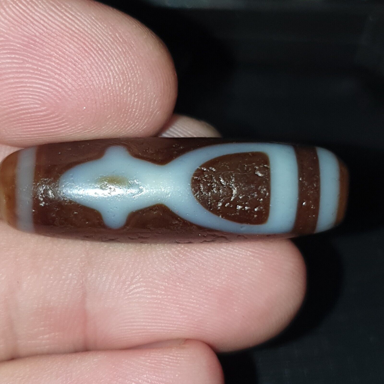 Tibetan Old Agate Dzi Bead " Unique Tasso Pattern " Amulet Pendant