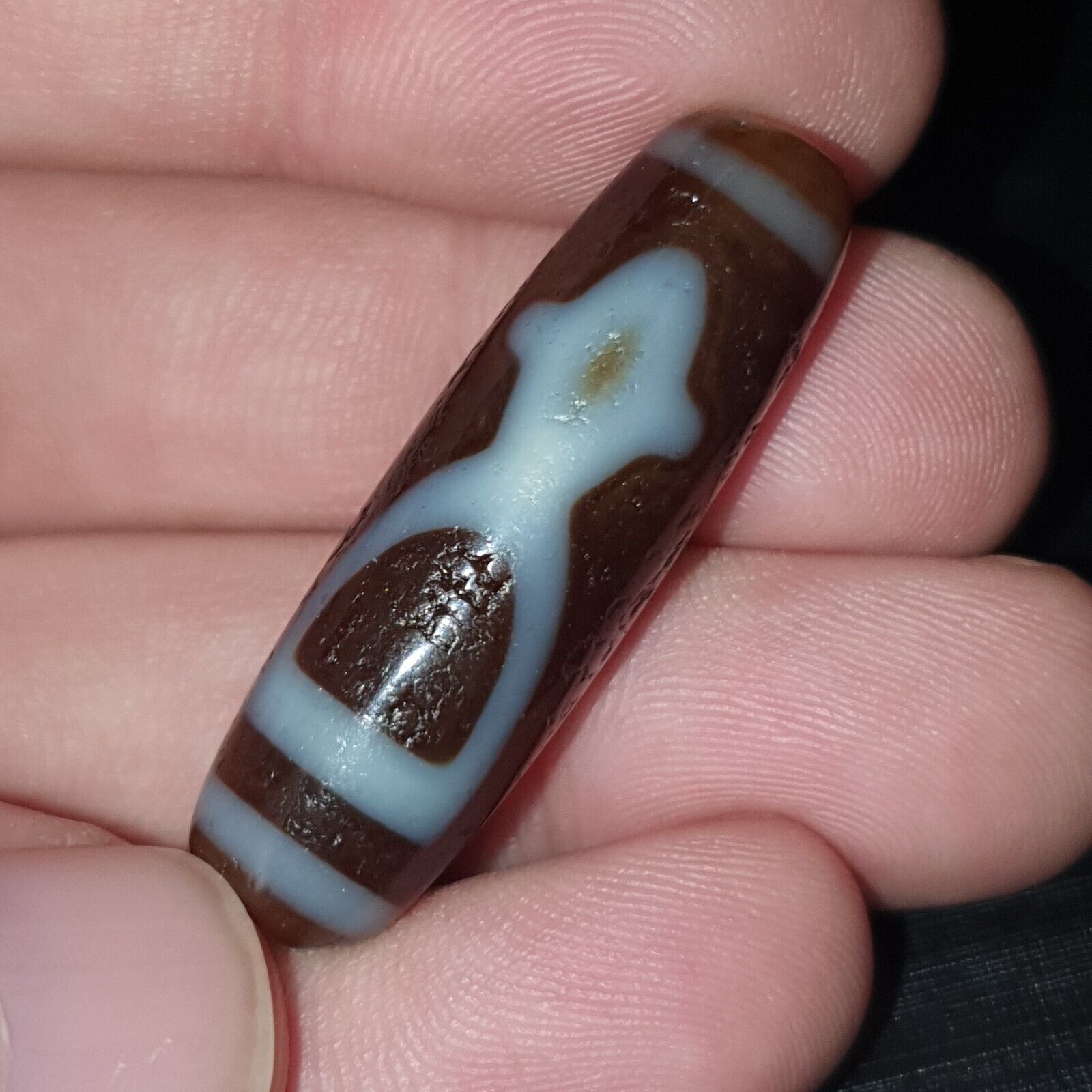 Tibetan Old Agate Dzi Bead " Unique Tasso Pattern " Amulet Pendant