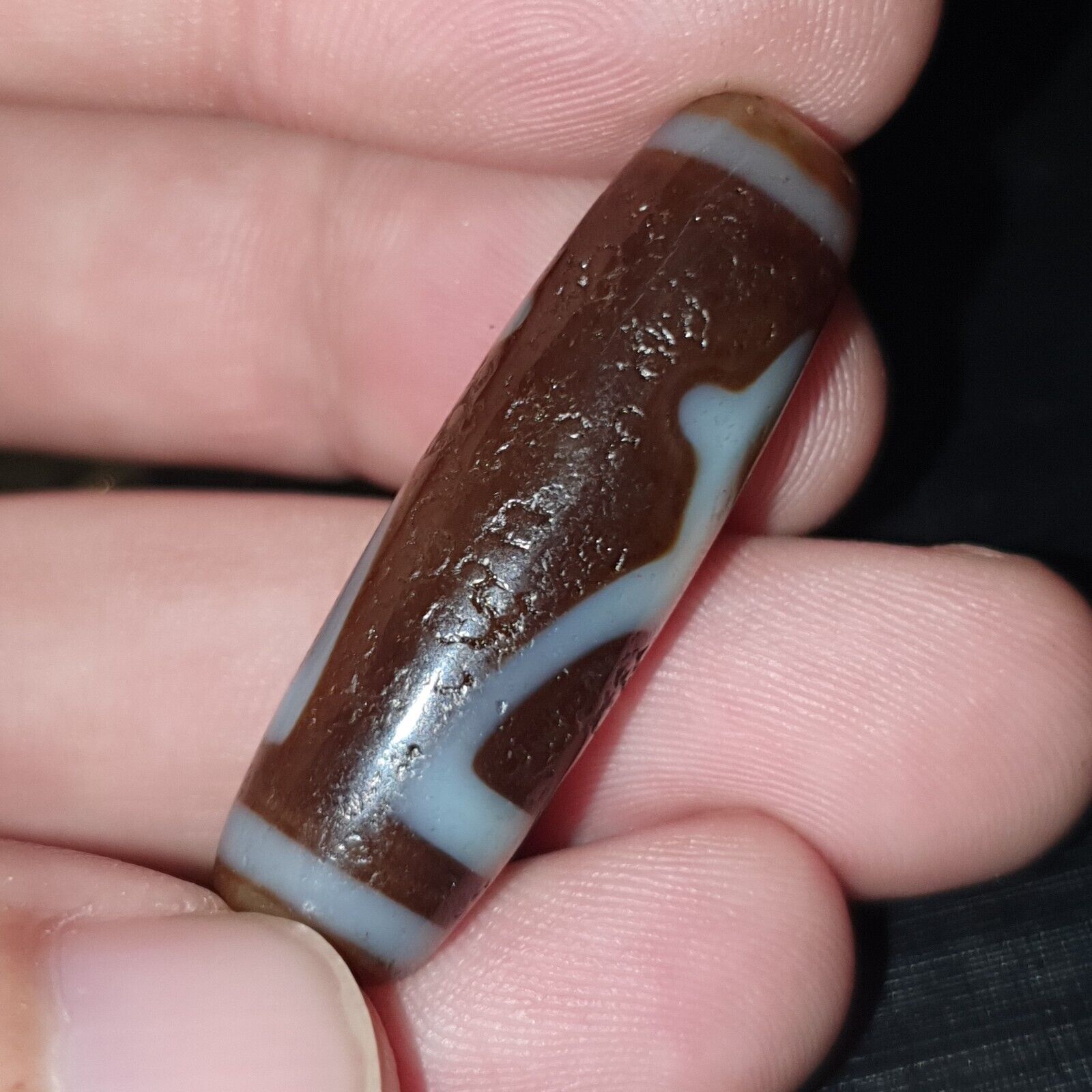 Tibetan Old Agate Dzi Bead " Unique Tasso Pattern " Amulet Pendant