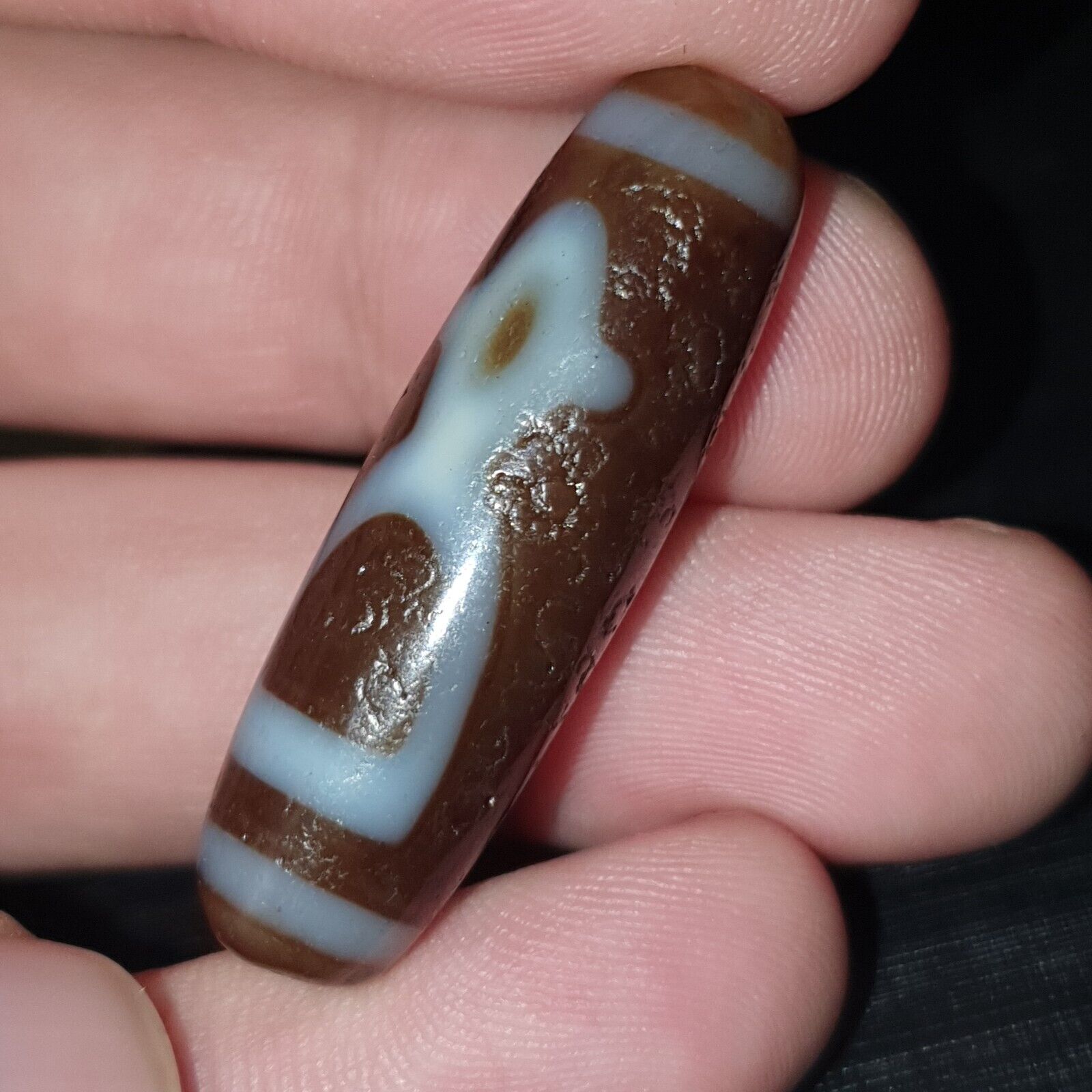 Tibetan Old Agate Dzi Bead " Unique Tasso Pattern " Amulet Pendant