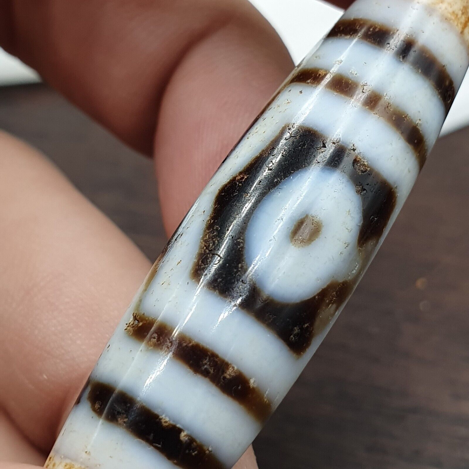Vintage Indo Tibetan 3 Eyes rare Patterns Dzi chung agate Amulet Bead