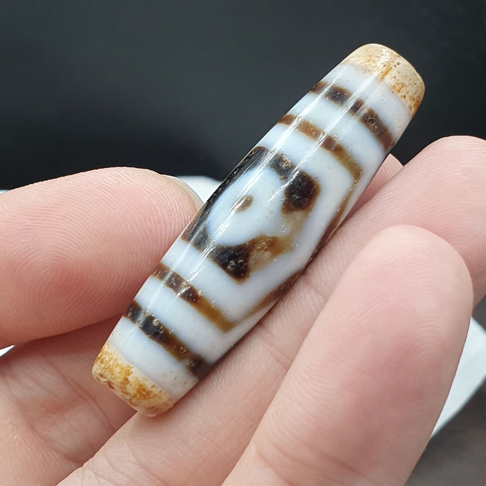 Vintage Indo Tibetan 3 Eyes rare Patterns Dzi chung agate Amulet Bead