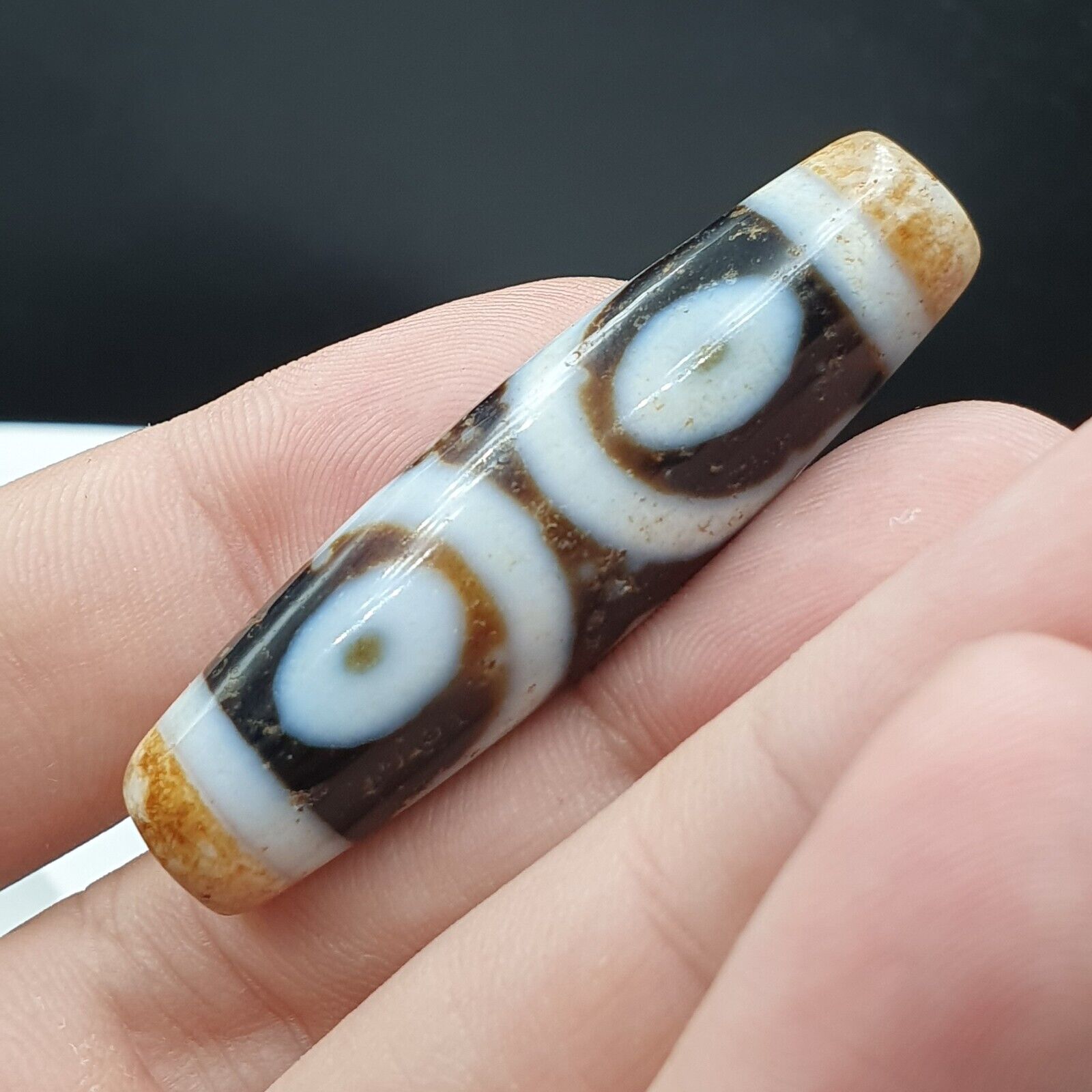 Vintage Indo Tibetan 3 Eyes rare Patterns Dzi chung agate Amulet Bead
