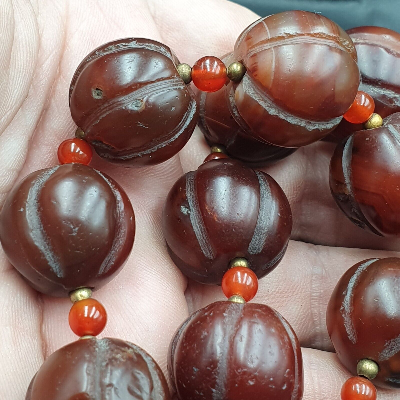 Old Tibetan Carnelian Agate Beads Melon Shape Beaded necklace 20-22mm
