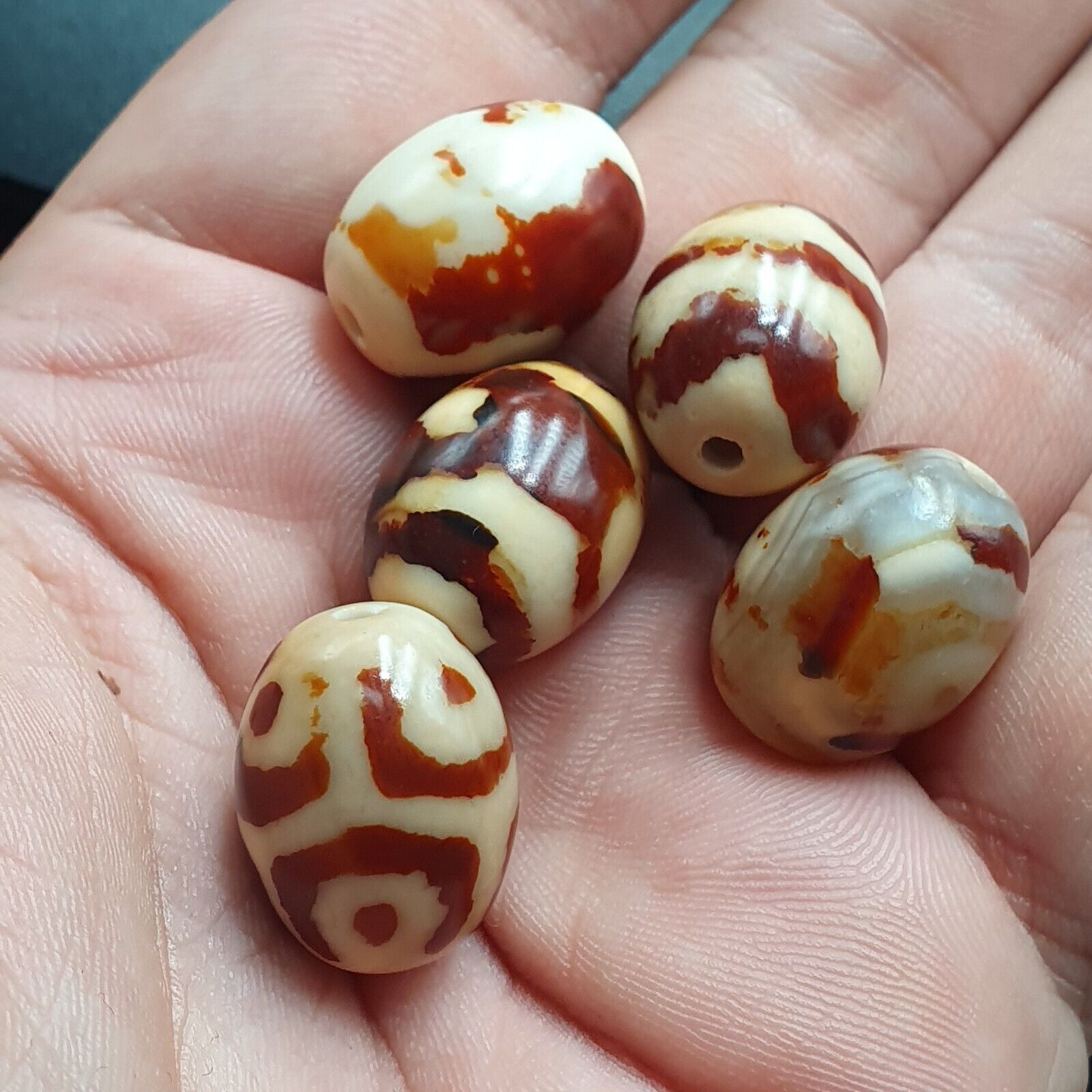 Himalayan Indo Tibetan rare Patterns Dzi Amulet Bead lot 5 beads