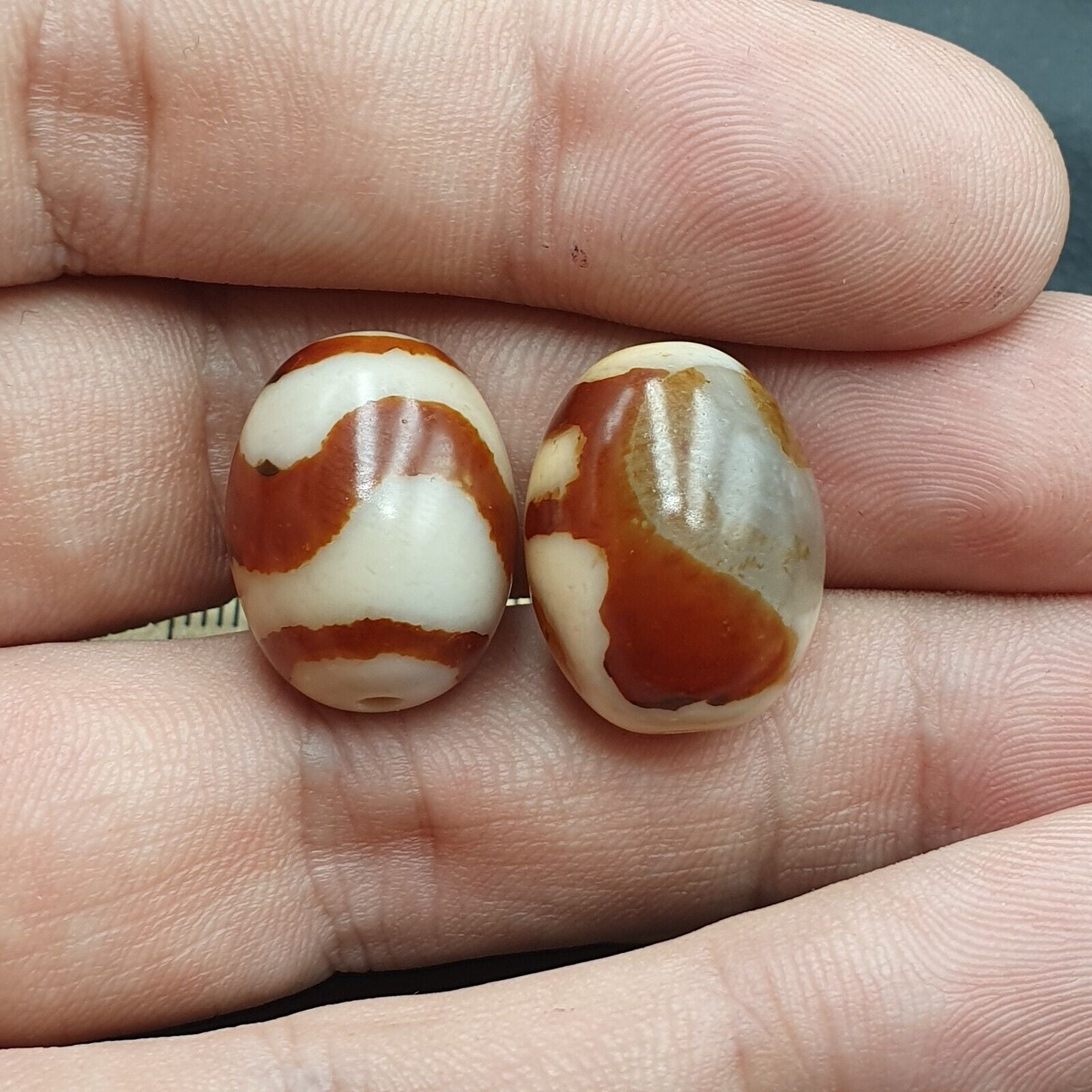 Himalayan Indo Tibetan rare Patterns Dzi Amulet Bead lot 2 beads