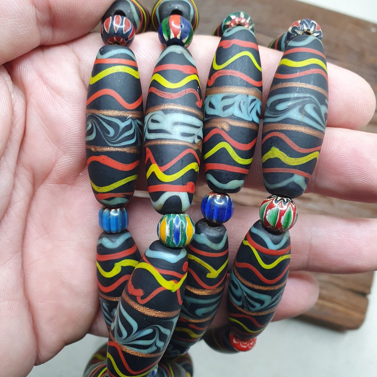 Vintage Floral Fancy Venetian Style Trade Chevron glass Beads  | LONG STRAND