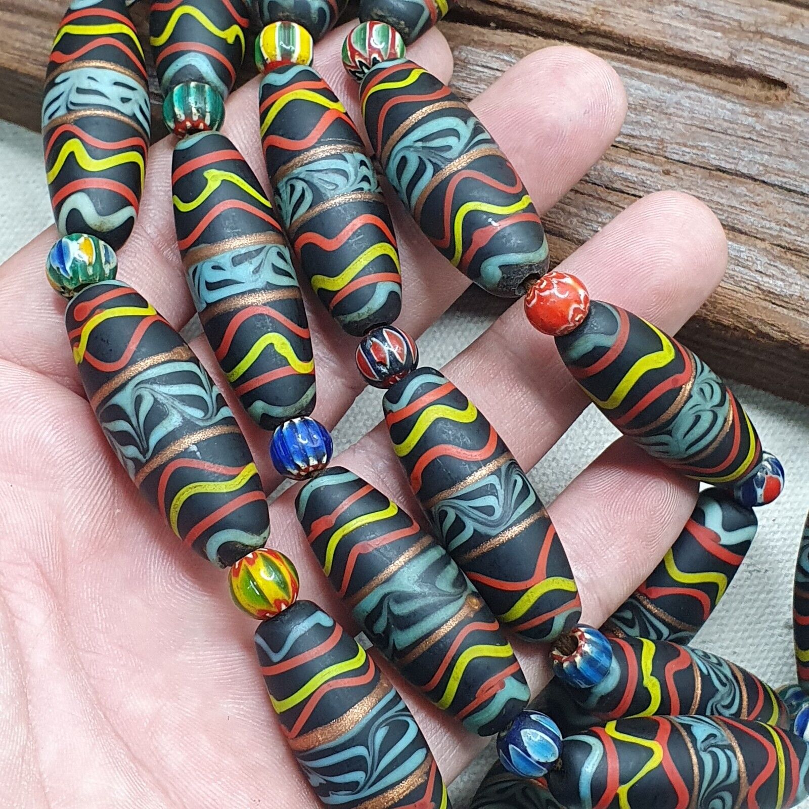 Vintage Floral Fancy Venetian Style Trade Chevron glass Beads  | LONG STRAND
