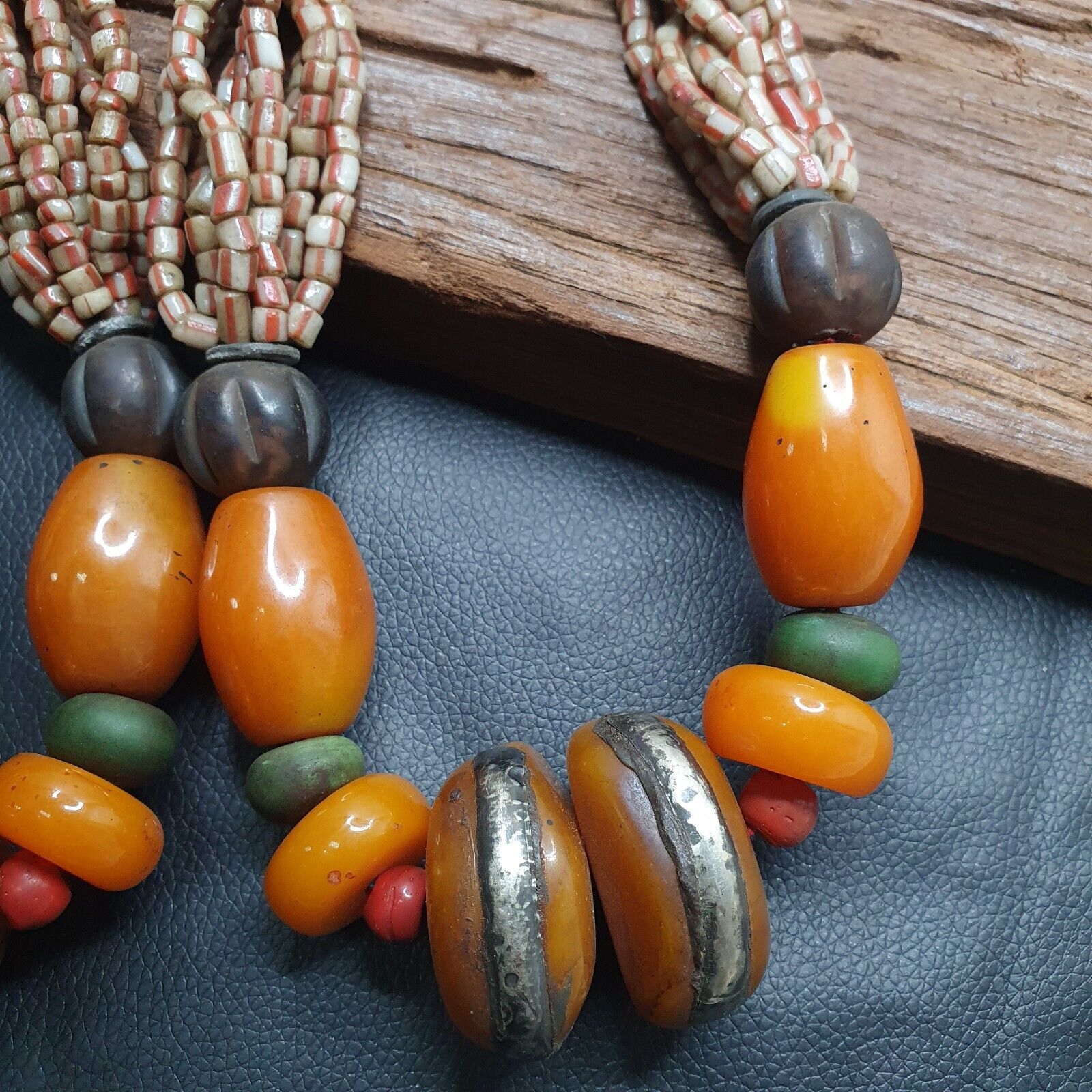 Handcrafted Amber Resin and glass beads Vintage Jewelry Necklace 271grams