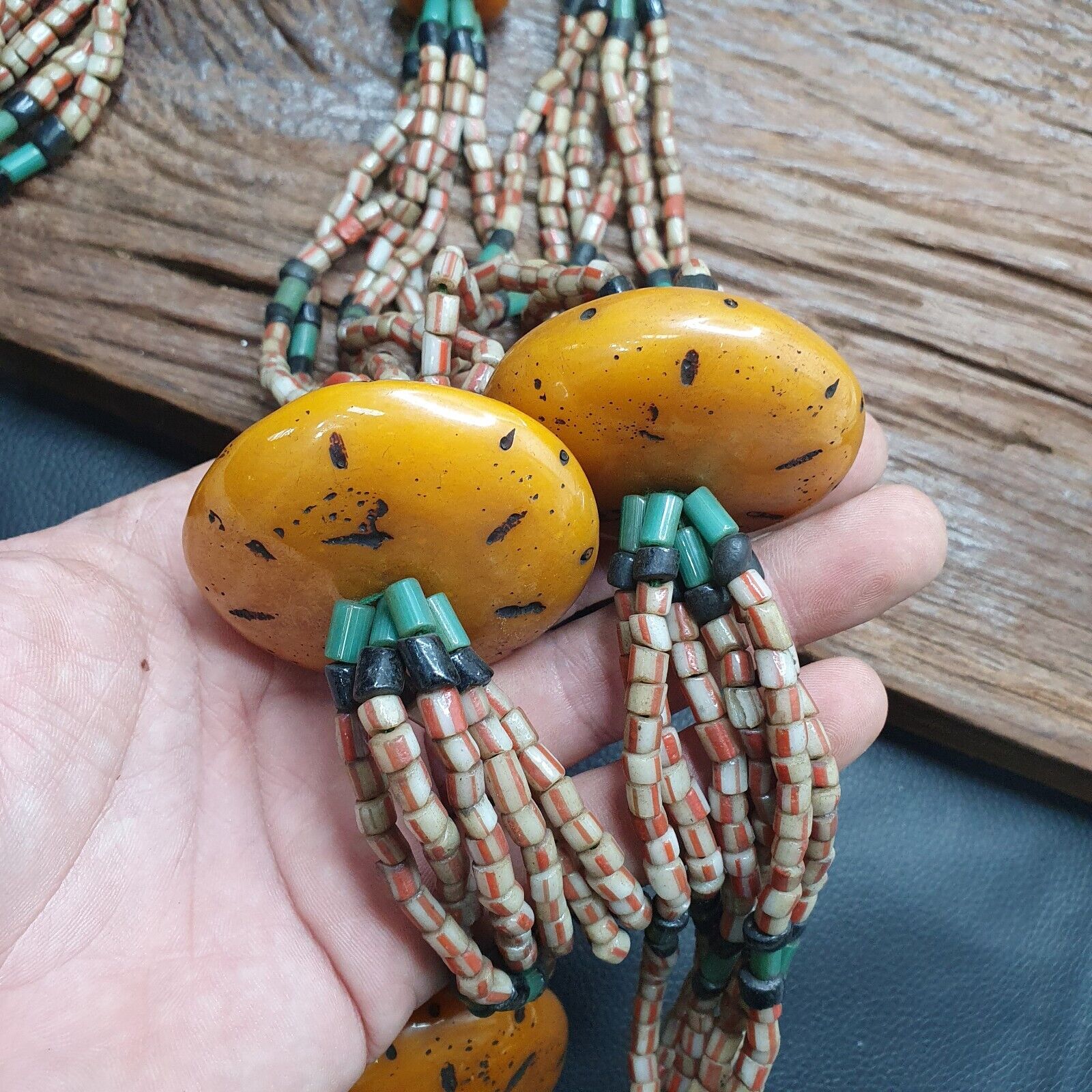 340grams Handcrafted Amber Resin and glass beads Vintage Jewelry Necklace