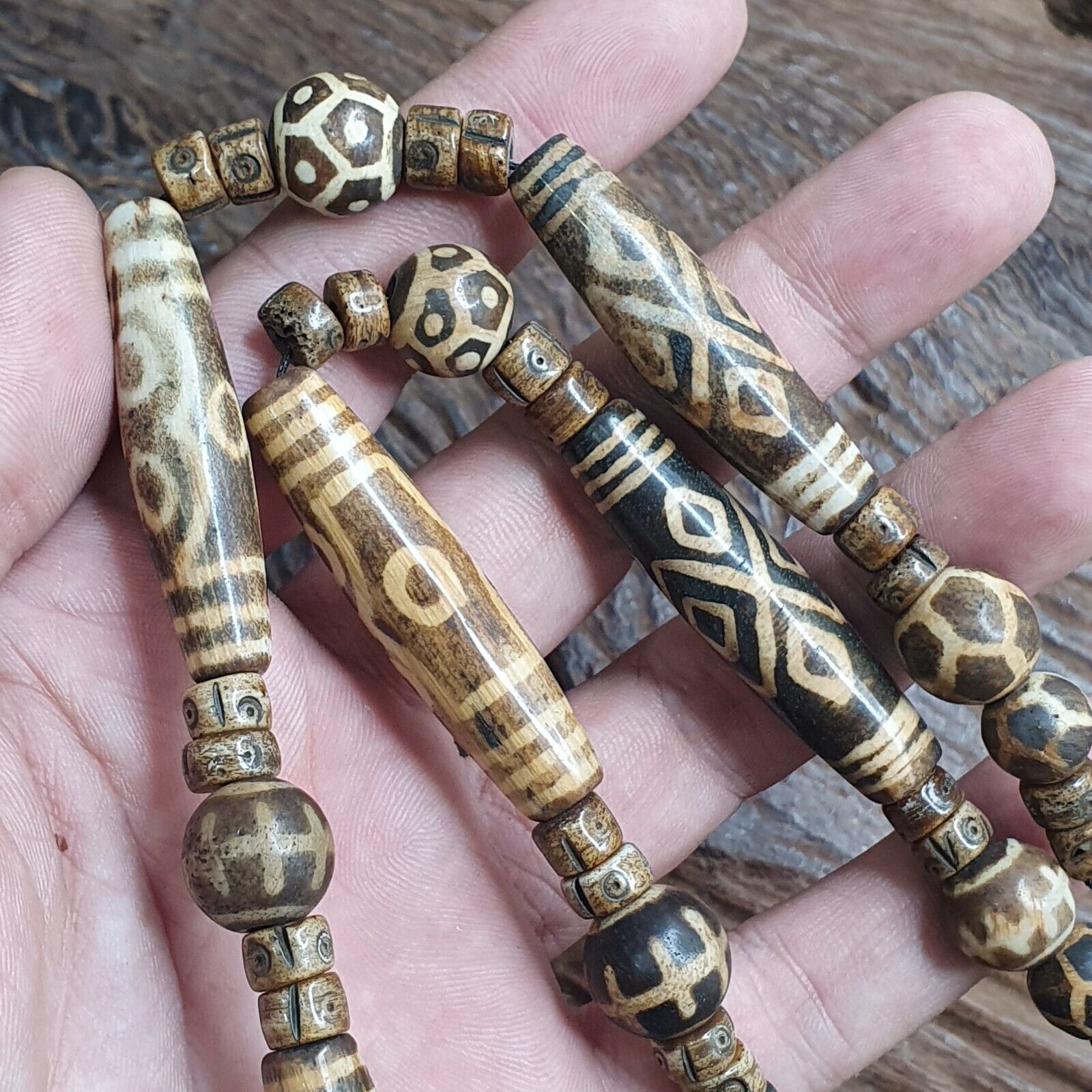 Asian Burmese Old Pumtek Palm Wood Stone beads Necklace