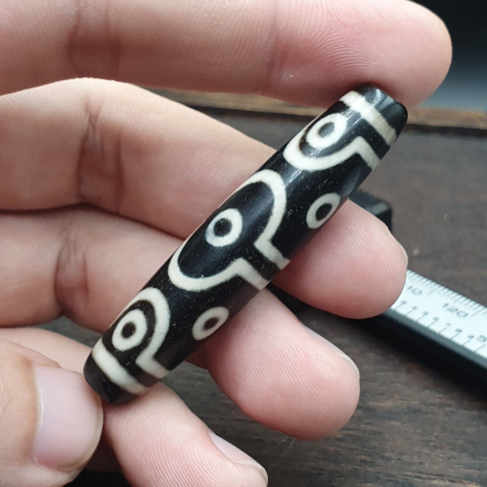 Lucky Charm Old Indo Tibetan Black Agate pure 10 Eyes Amulet