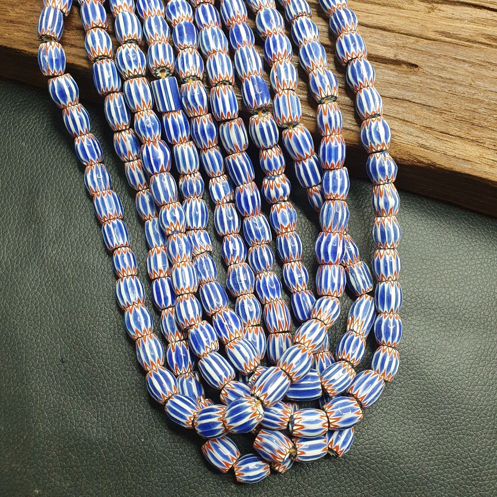 Vintage Blue Chevron Venetian Style Multilayers 10x11mm Glass Beads Strand