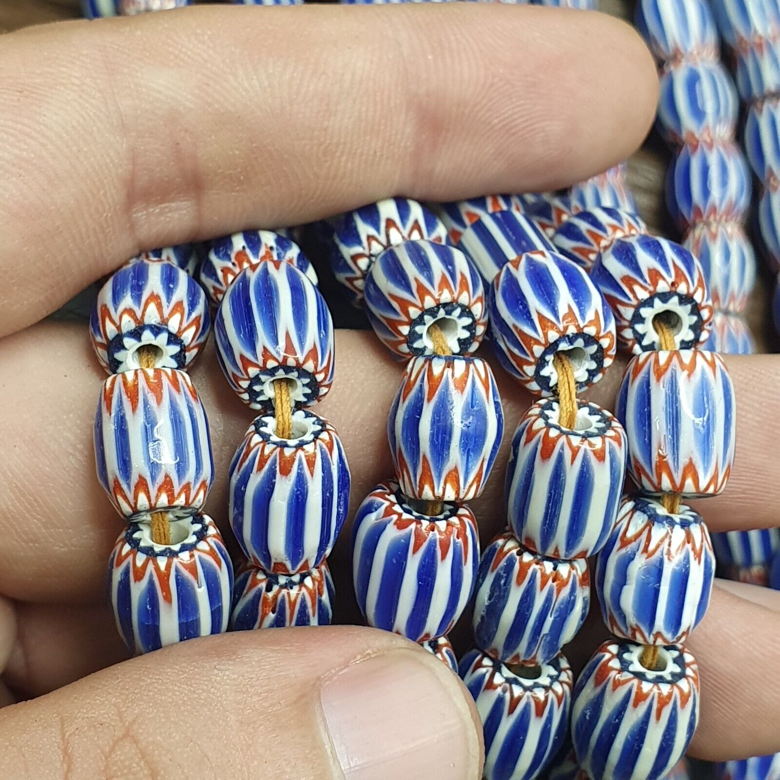 Vintage Blue Chevron Venetian Style Multilayers 10x11mm Glass Beads Strand