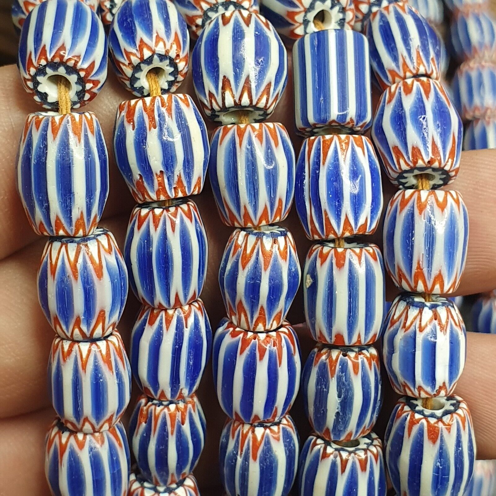 Vintage Blue Chevron Venetian Style Multilayers 10x11mm Glass Beads Strand