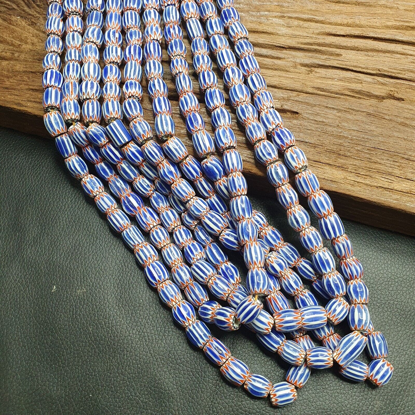 Vintage Blue Chevron Venetian Style Multilayers 10x11mm Glass Beads Strand