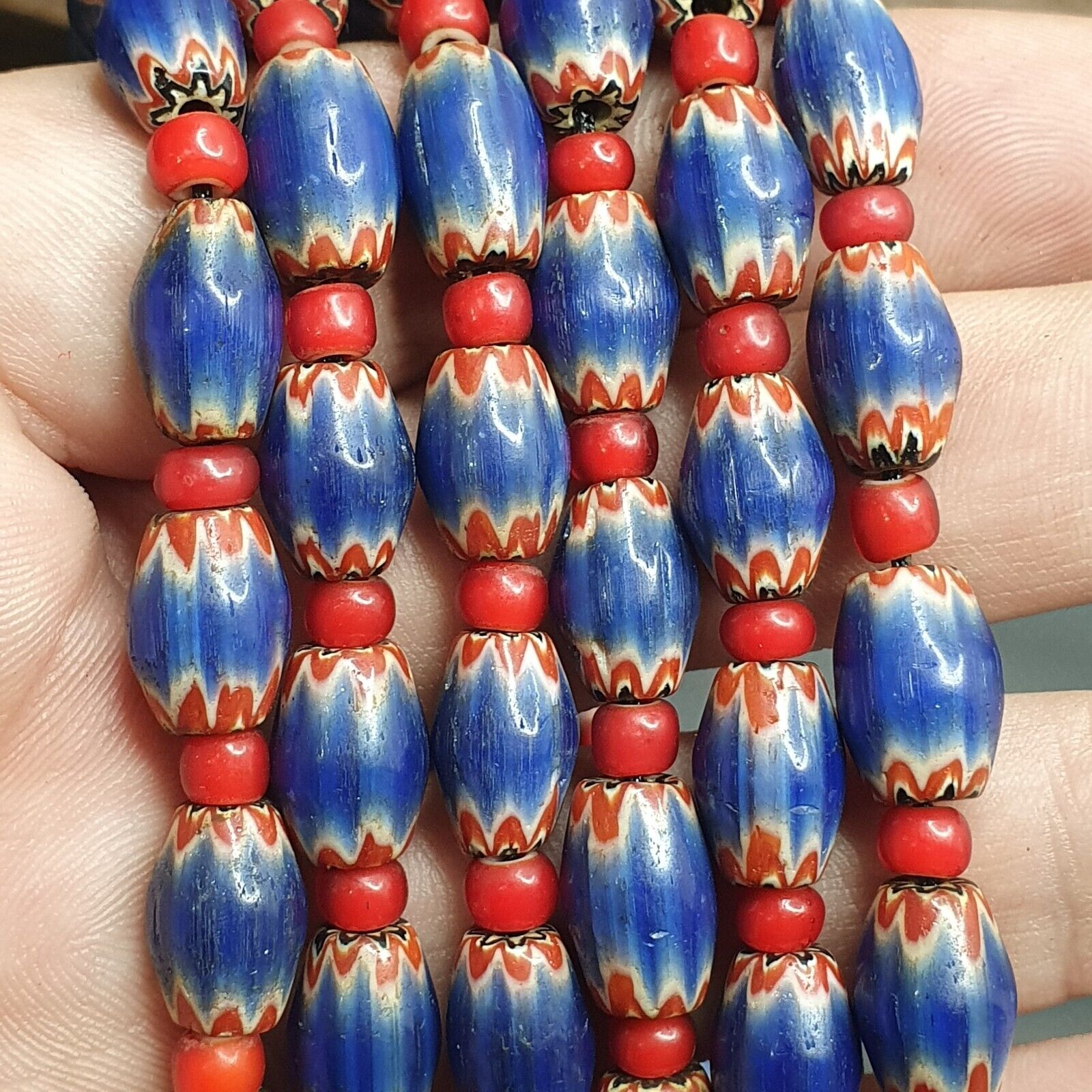 Antique Venetian White Heart And Blue Chevron Trade Beads Necklace