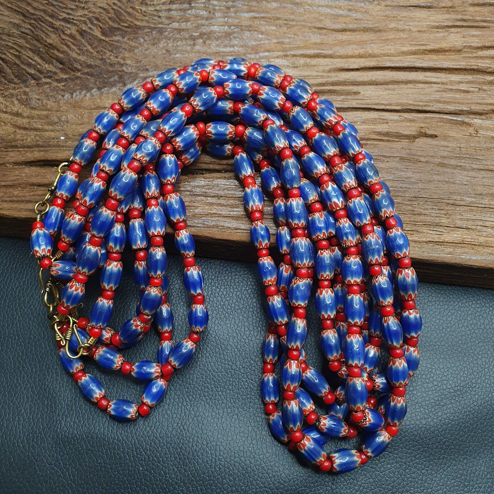 Antique Venetian White Heart And Blue Chevron Trade Beads Necklace