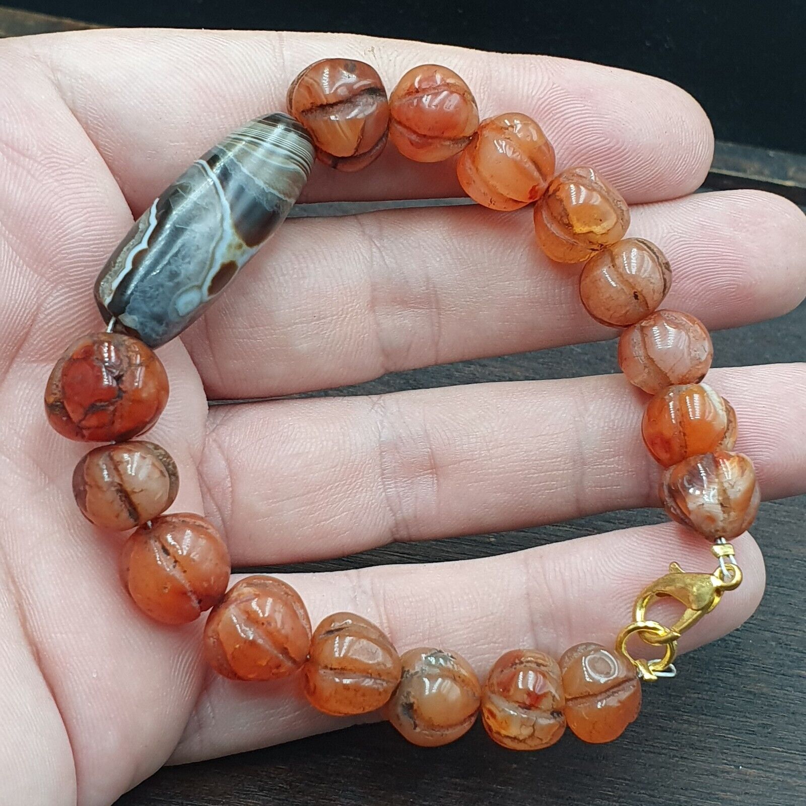 Antique Sulemani Agate Melon Shape Carnelian Beads Bracelet AGT-41