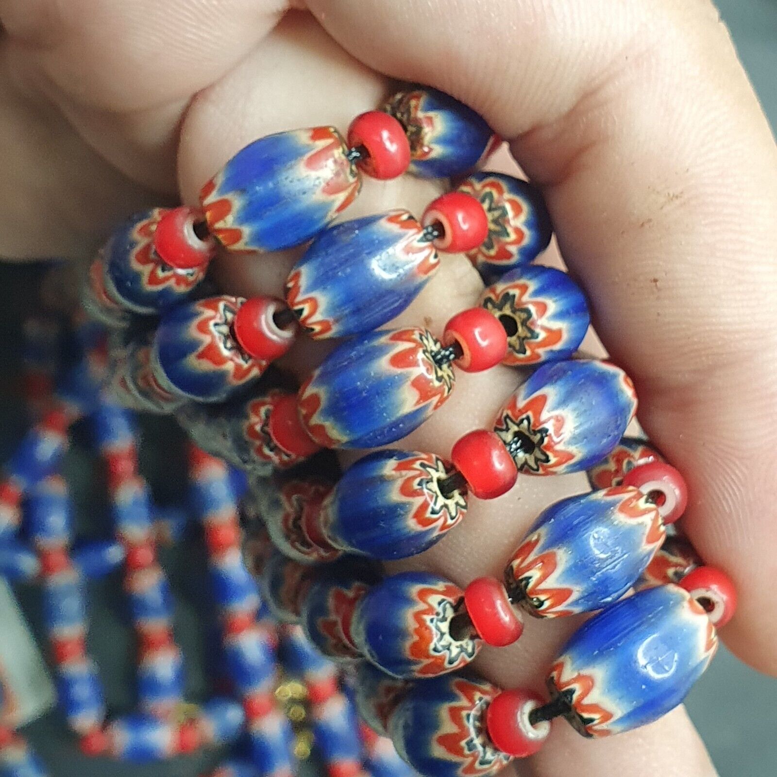 Antique Venetian White Heart And Blue Chevron Trade Beads Necklace