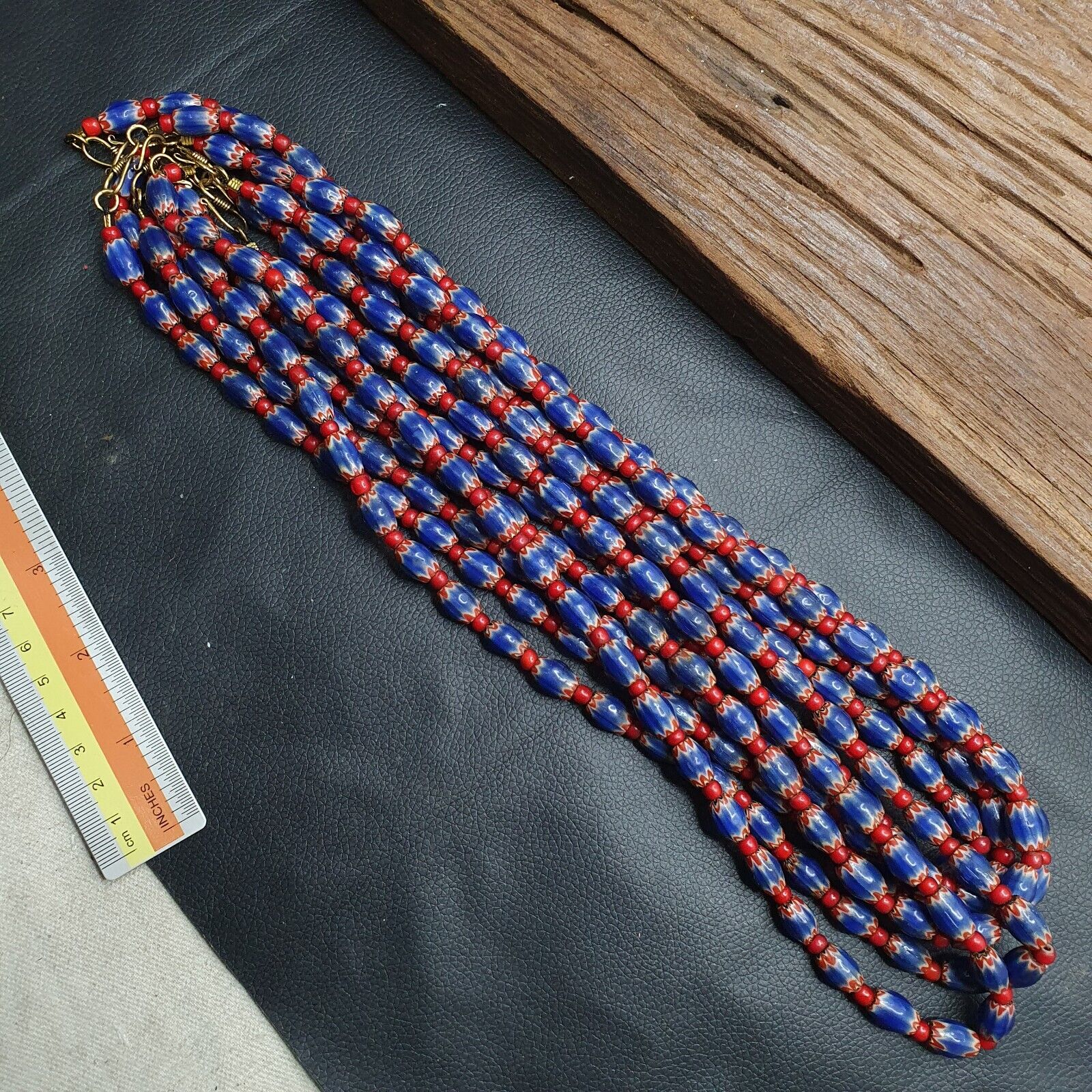 Antique Venetian White Heart And Blue Chevron Trade Beads Necklace