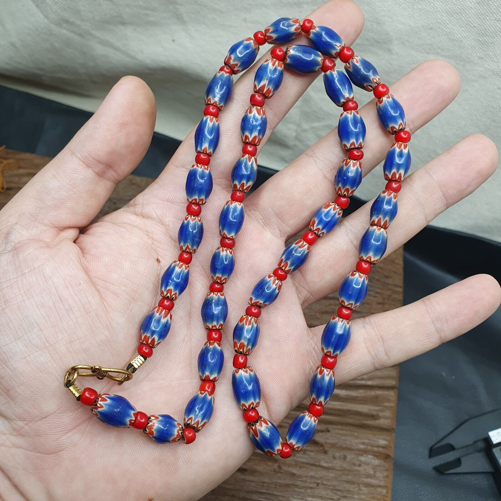 Antique Venetian White Heart And Blue Chevron Trade Beads Necklace