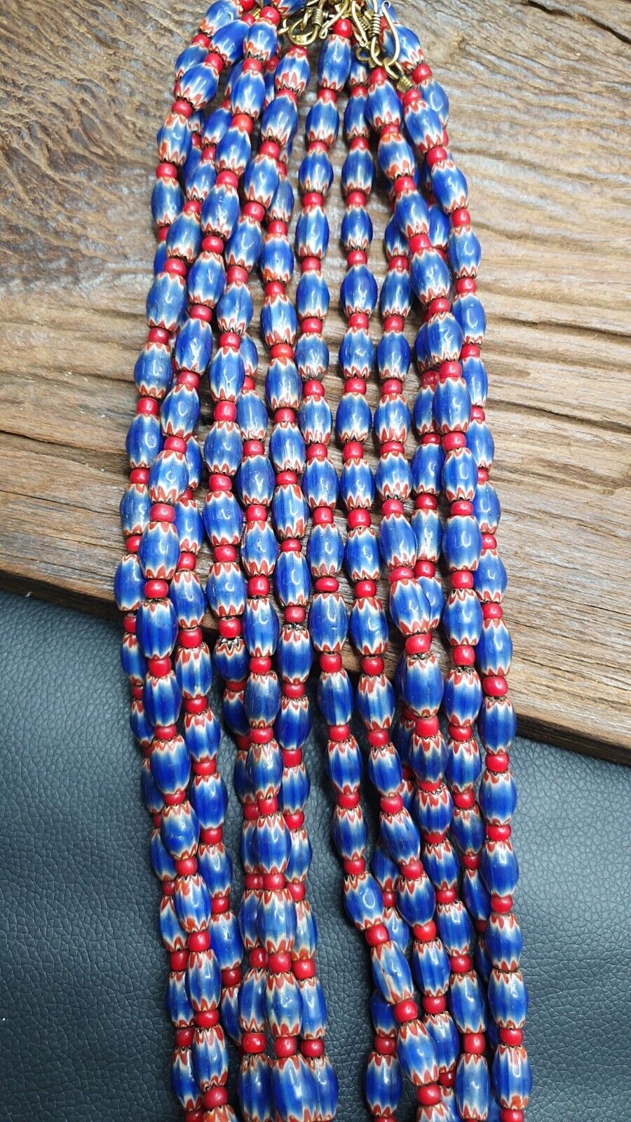 Antique Venetian White Heart And Blue Chevron Trade Beads Necklace