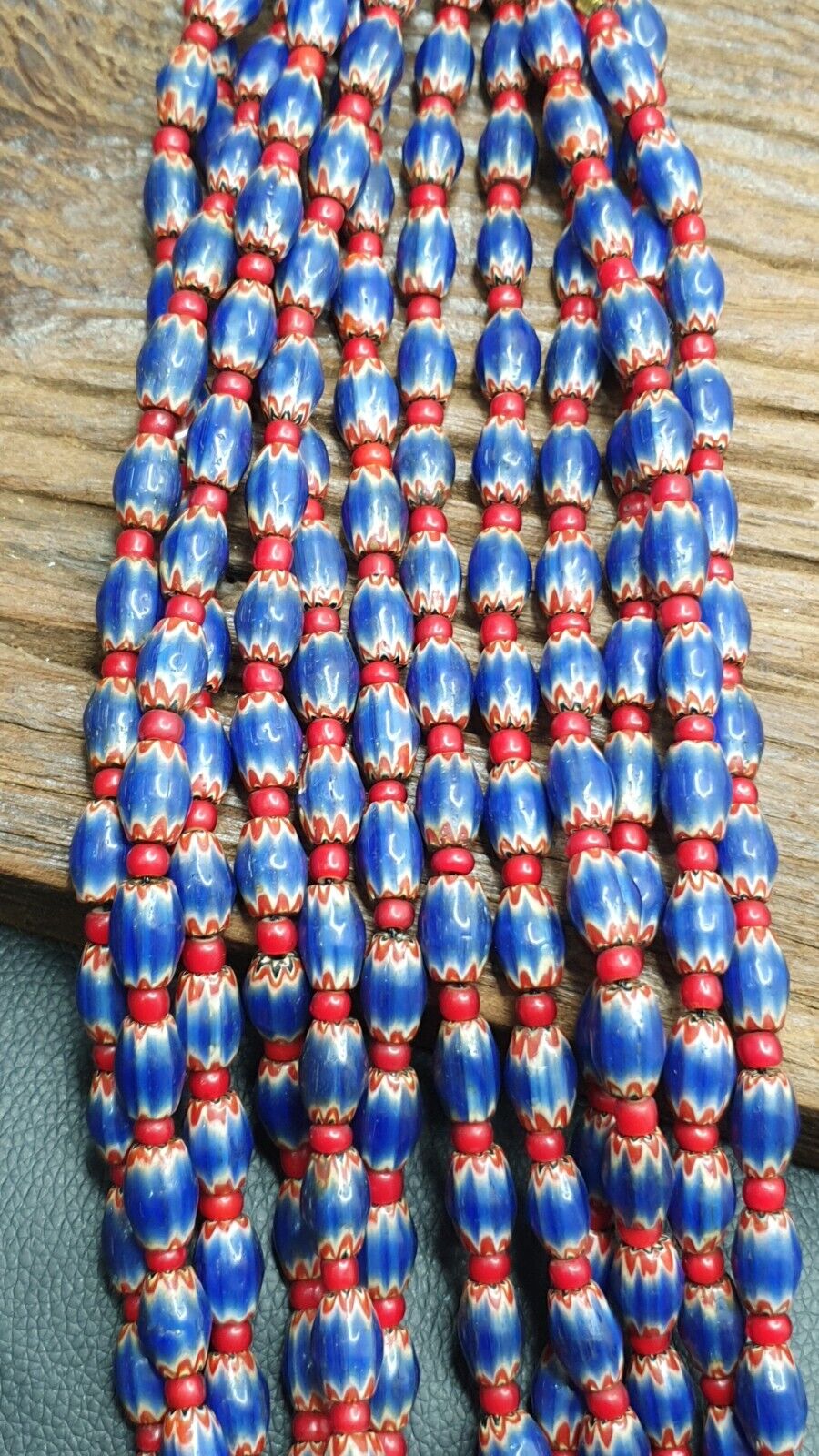 Antique Venetian White Heart And Blue Chevron Trade Beads Necklace