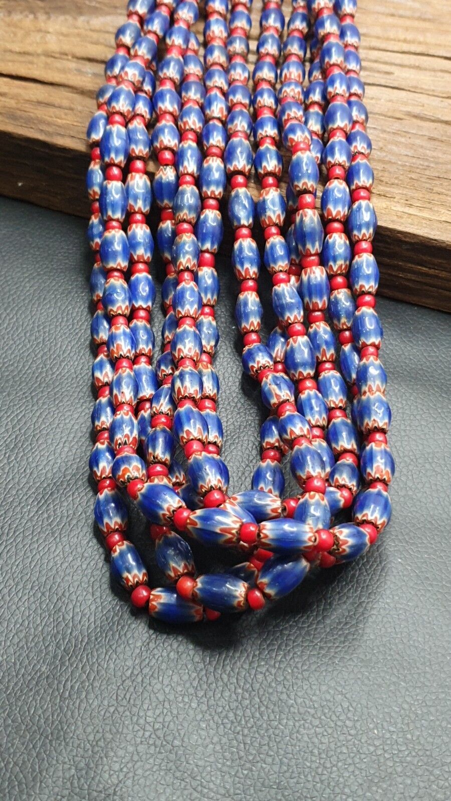 Antique Venetian White Heart And Blue Chevron Trade Beads Necklace
