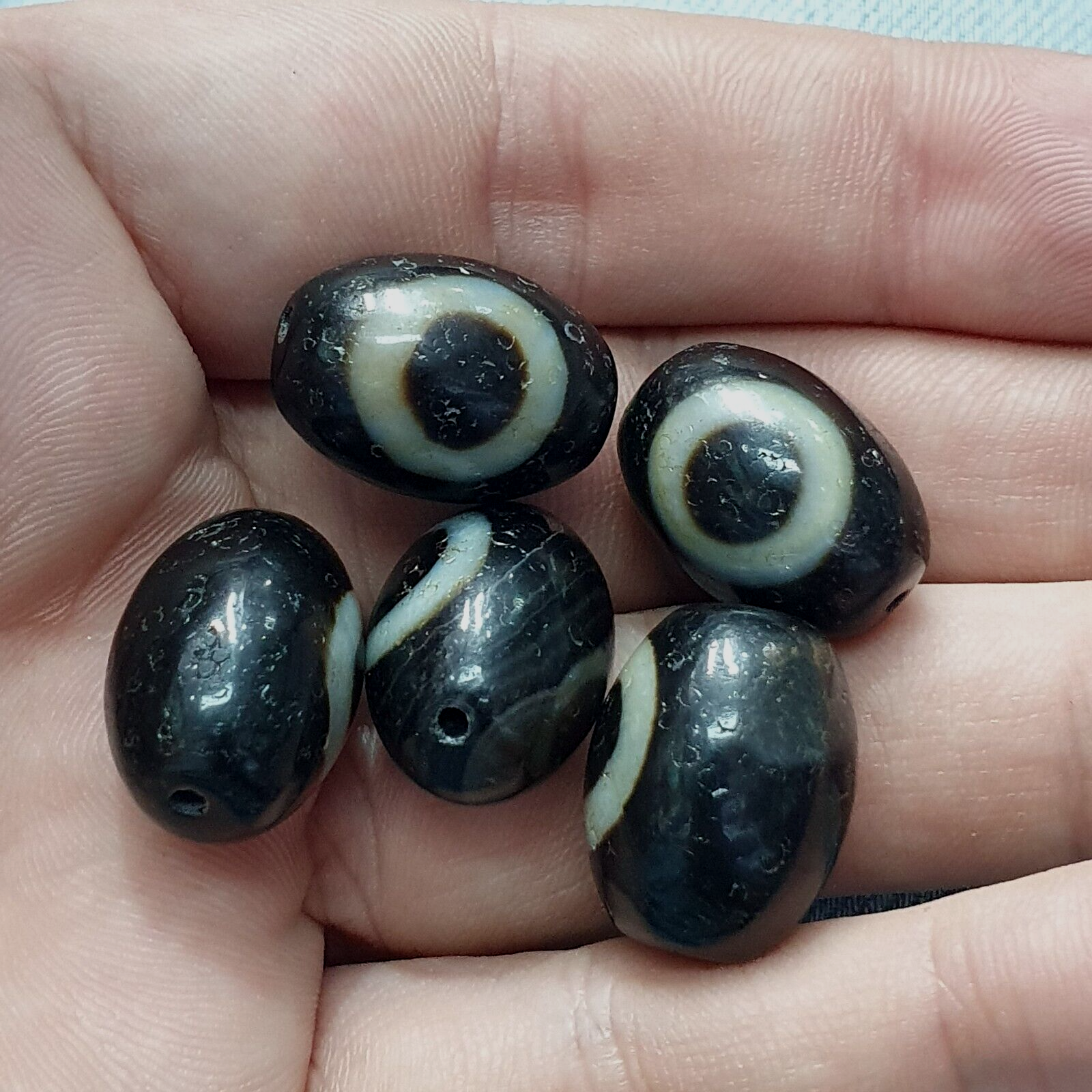 Lot 5 Old Antique Himalayan Tibetan Dragon 1 Eye Dzi Amulet Bead #MY5