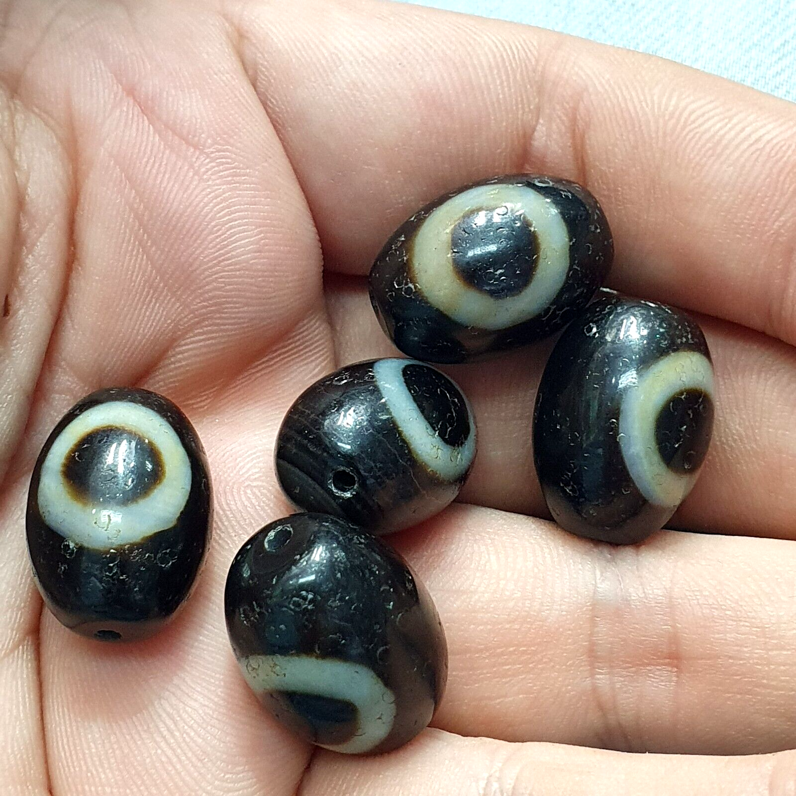 Lot 5 Old Antique Himalayan Tibetan Dragon 1 Eye Dzi Amulet Bead #MY5