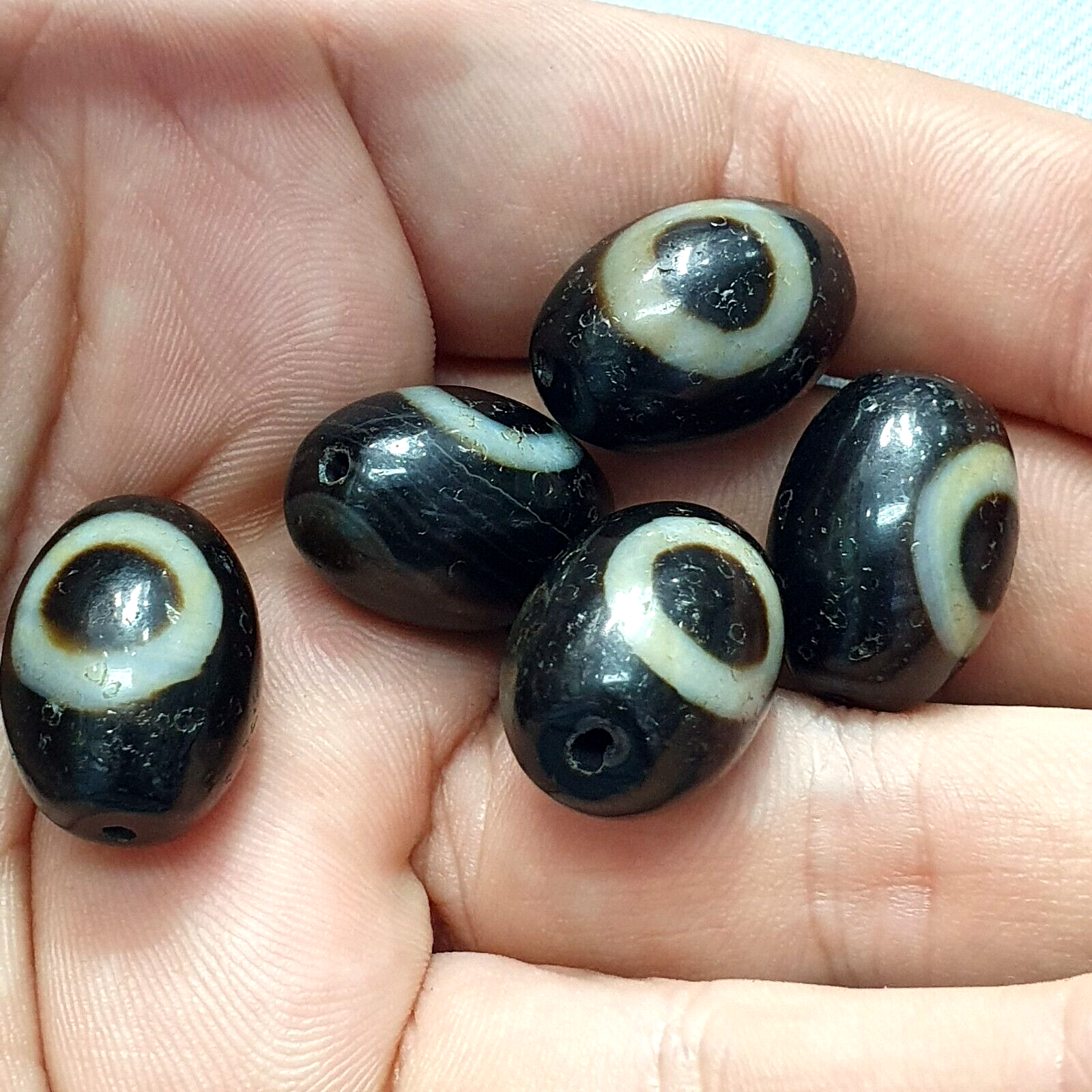 Lot 5 Old Antique Himalayan Tibetan Dragon 1 Eye Dzi Amulet Bead #MY5