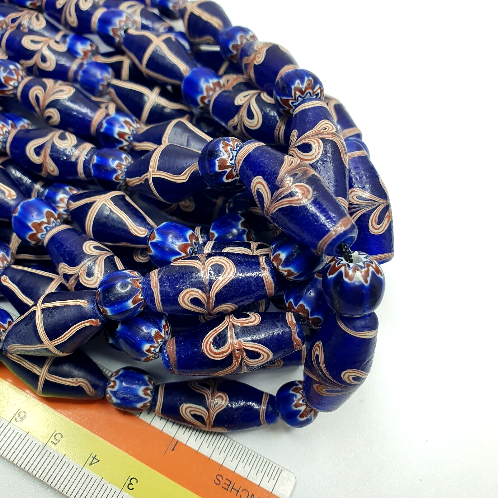 Beautiful Vintage Blue Floral ART Fancy and Chevron GLASS beads necklace