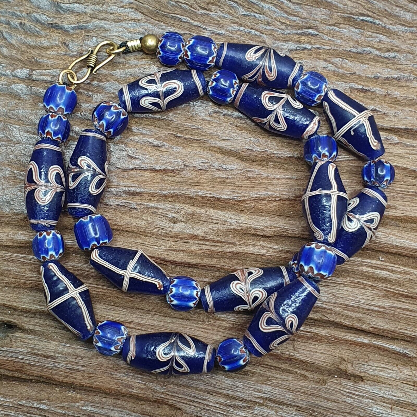 Beautiful Vintage Blue Floral ART Fancy and Chevron GLASS beads necklace