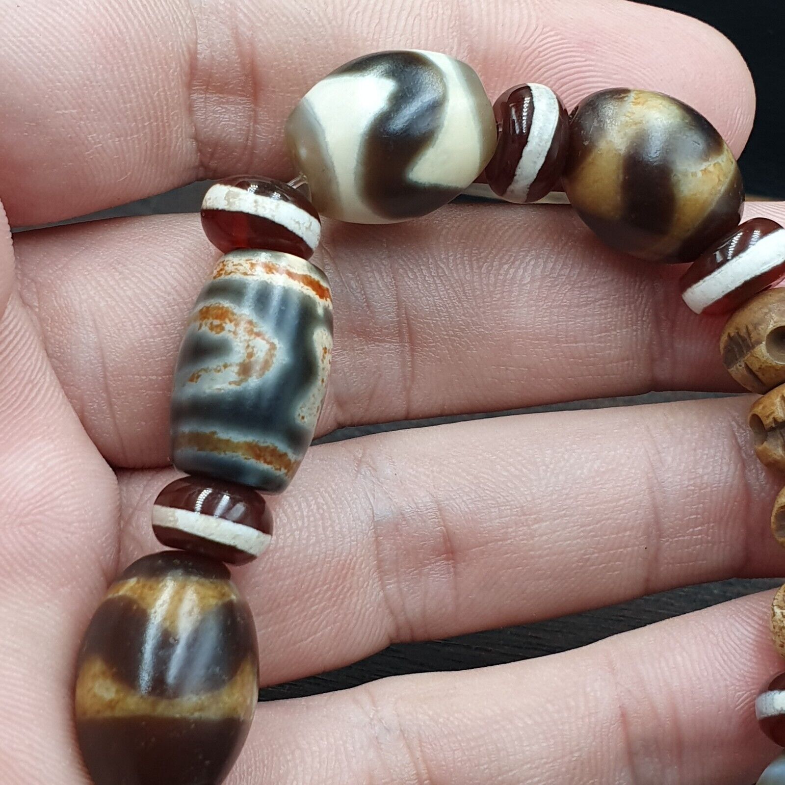 Antique Old Dzi Tibetan Chinese Agate Beads Bracelet