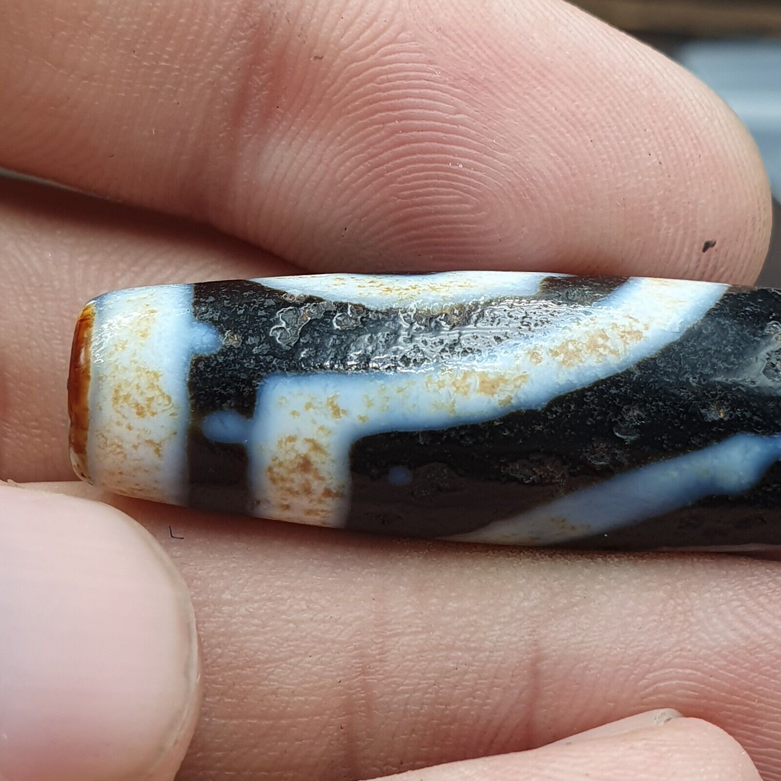Vintage Indo Tibetan 2 Eyes rare Patterns Dzi agate Amulet Bead 2Y1