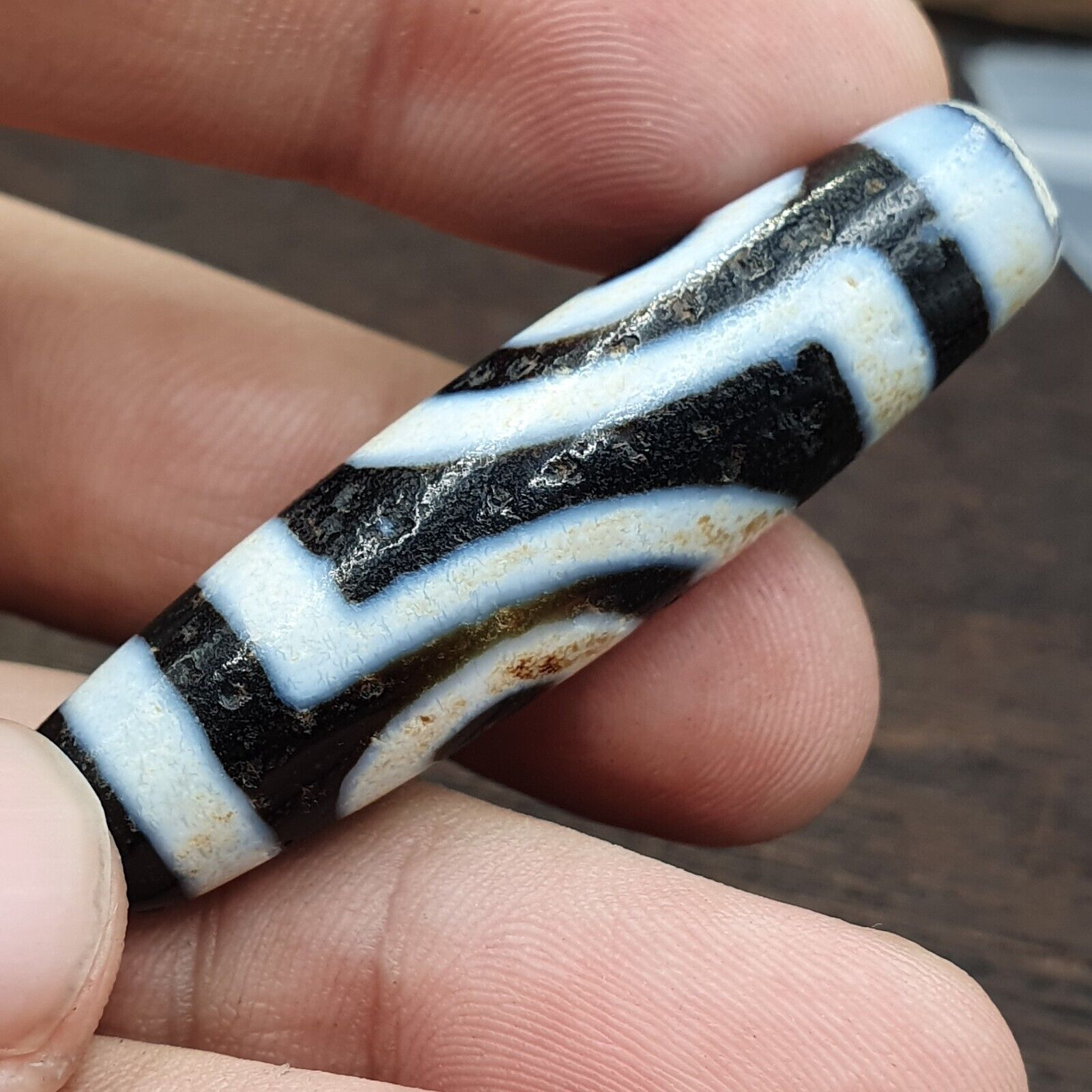 Vintage Indo Tibetan 2 Eyes rare Patterns Dzi agate Amulet Bead 2Y1