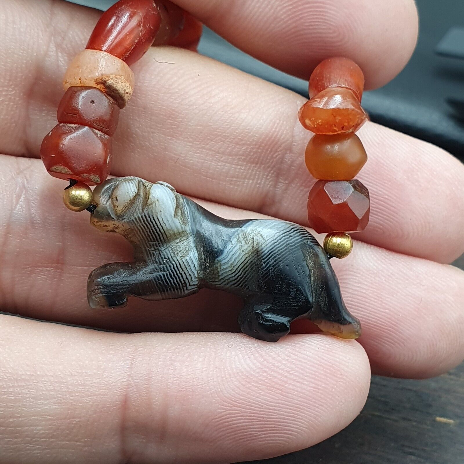 Antique Tibetan Agate Animal Figurine with carnelian Agate Beads Bracelet #2