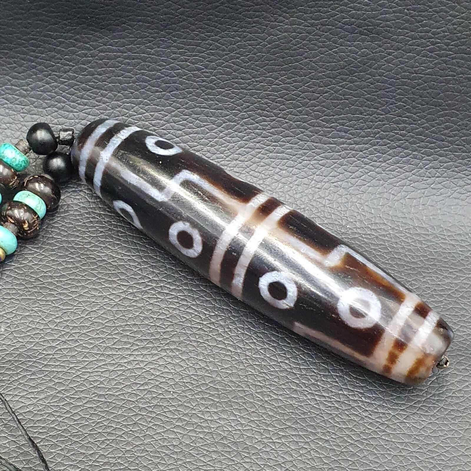 Large Himalayan Tibetan 12 Eyes Dzi Agate Bead with turquoise and Lapis 94MM