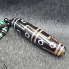 Large Himalayan Tibetan 12 Eyes Dzi Agate Bead with turquoise and Lapis 94MM