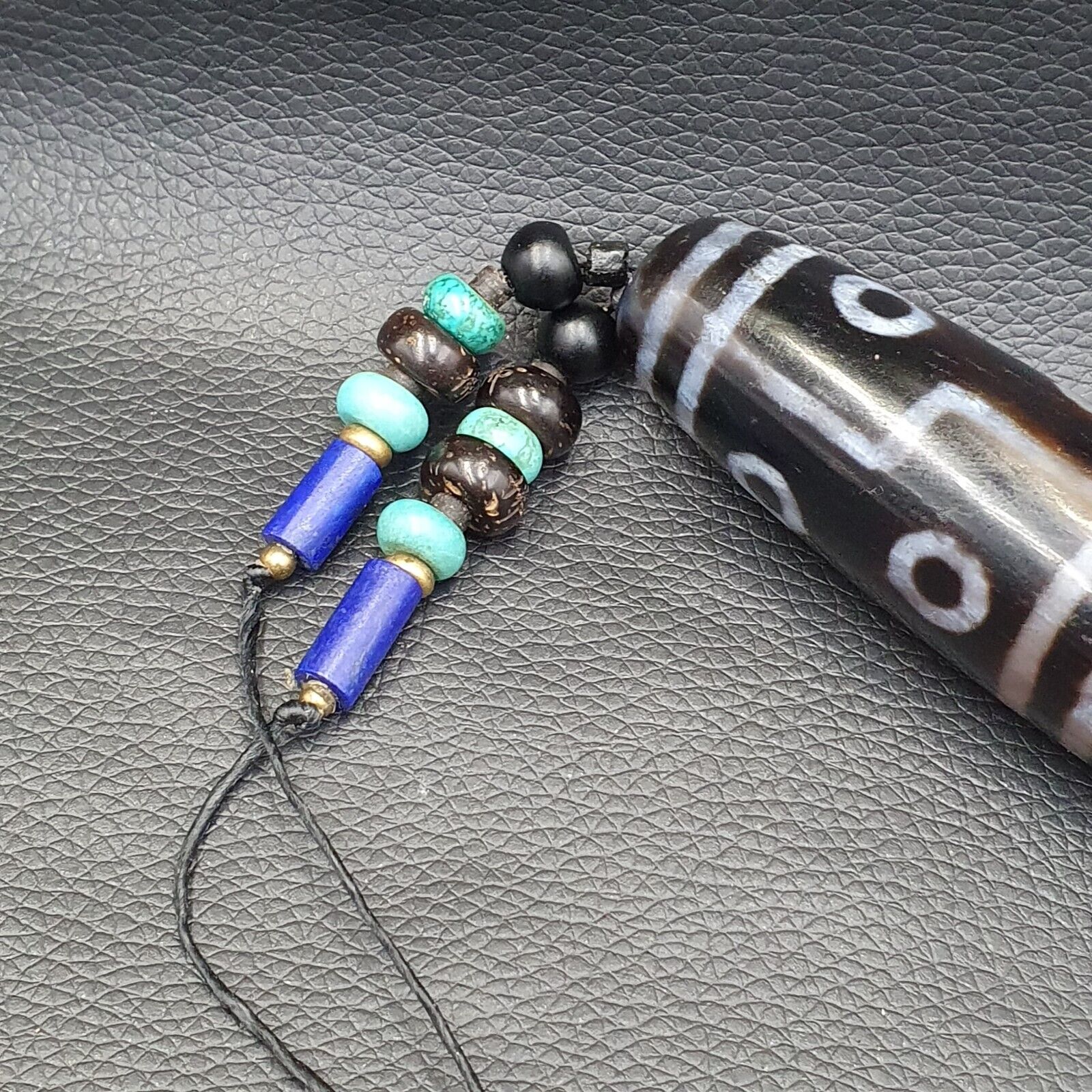 Large Himalayan Tibetan 12 Eyes Dzi Agate Bead with turquoise and Lapis 94MM