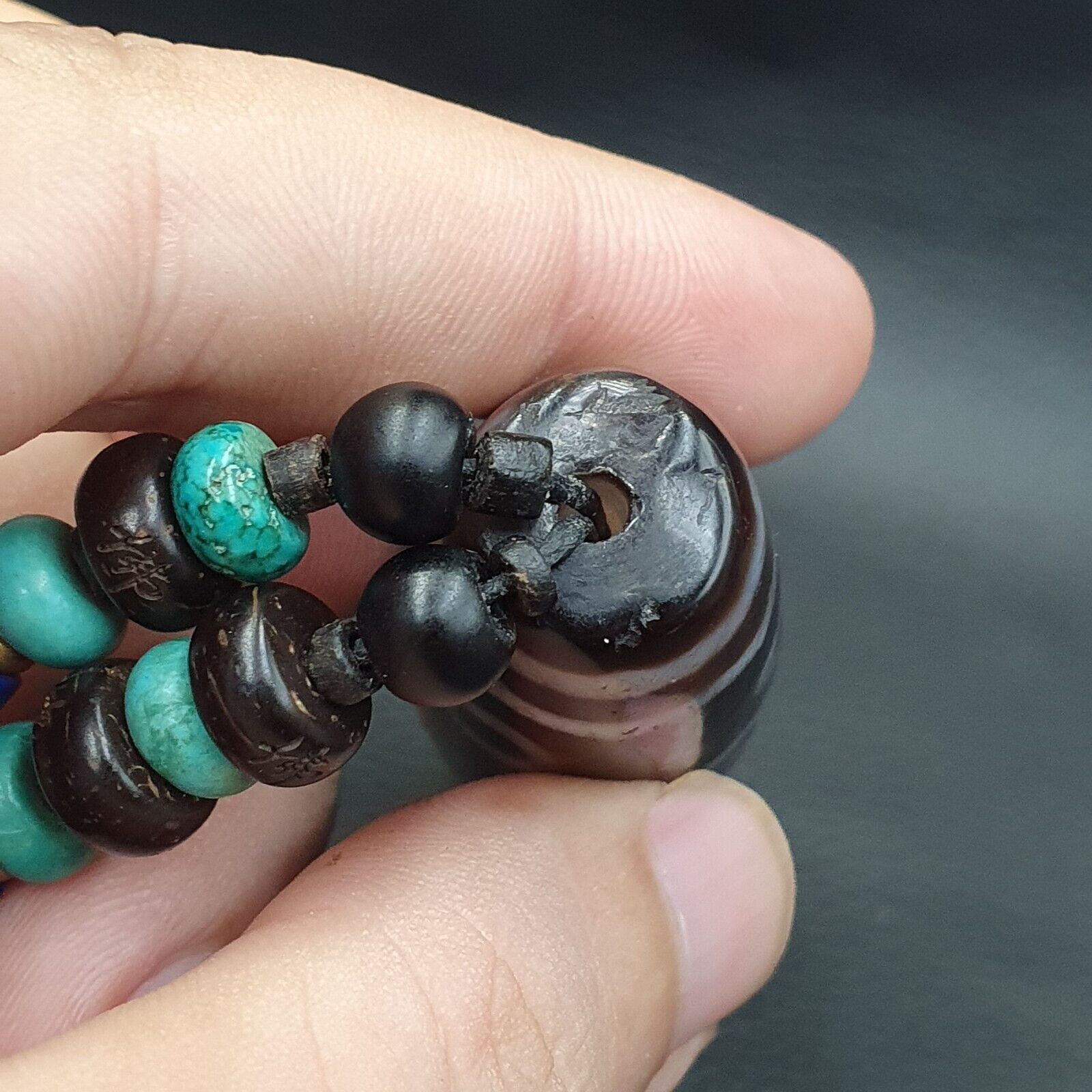 Large Himalayan Tibetan 12 Eyes Dzi Agate Bead with turquoise and Lapis 94MM