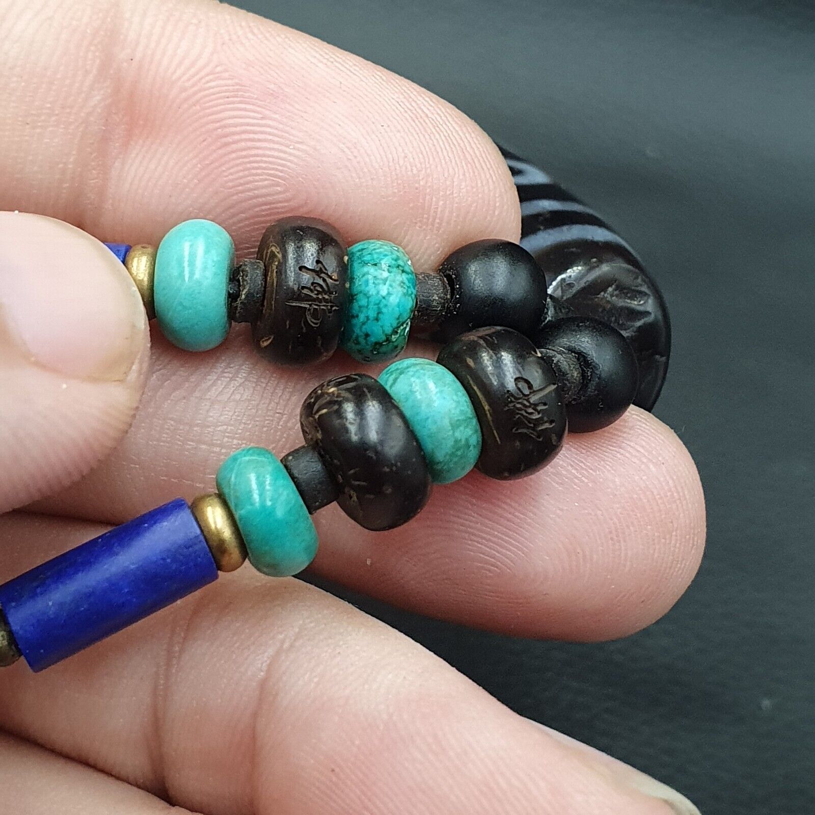 Large Himalayan Tibetan 12 Eyes Dzi Agate Bead with turquoise and Lapis 94MM