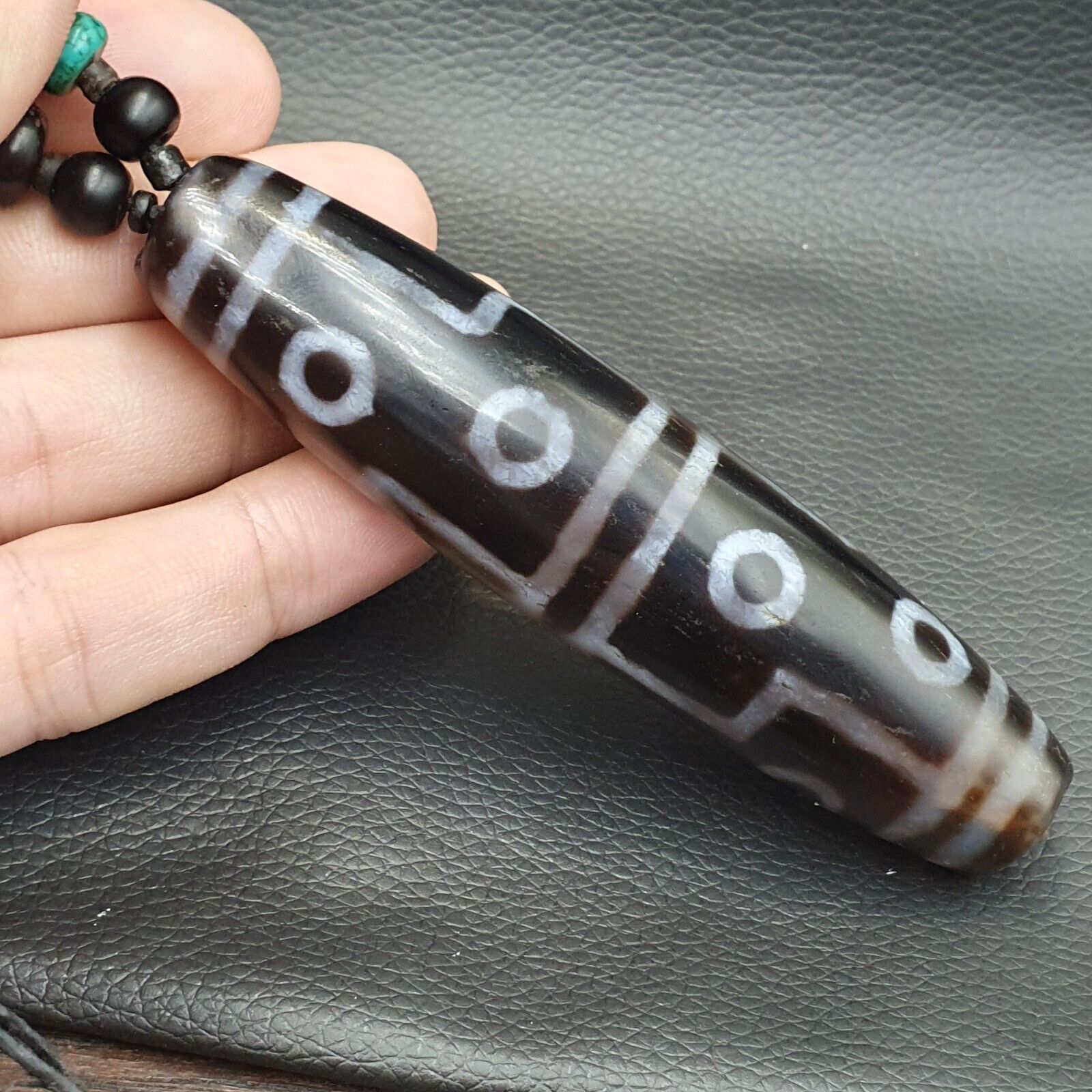 Large Himalayan Tibetan 12 Eyes Dzi Agate Bead with turquoise and Lapis 94MM