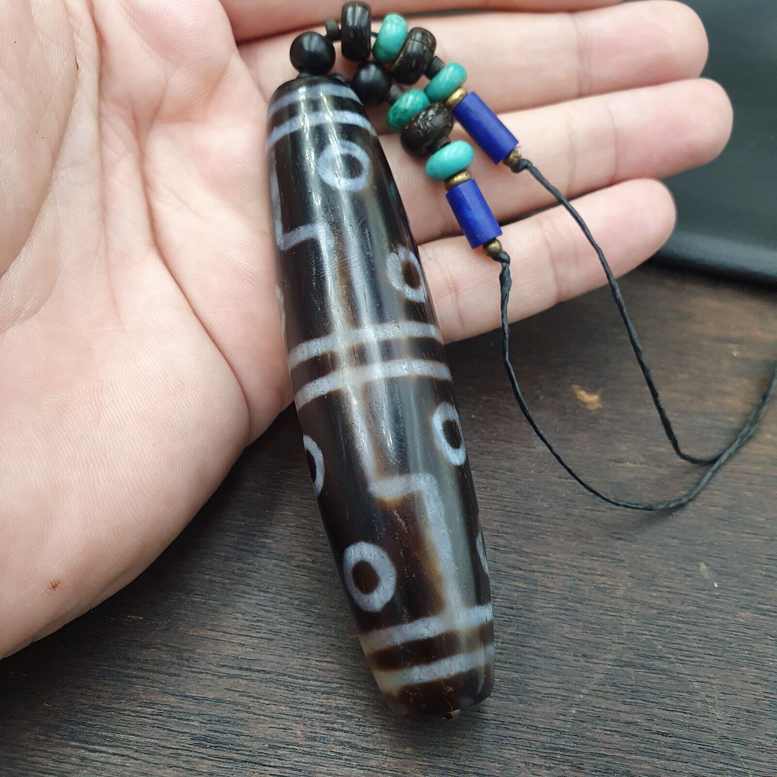 Large Himalayan Tibetan 12 Eyes Dzi Agate Bead with turquoise and Lapis 94MM