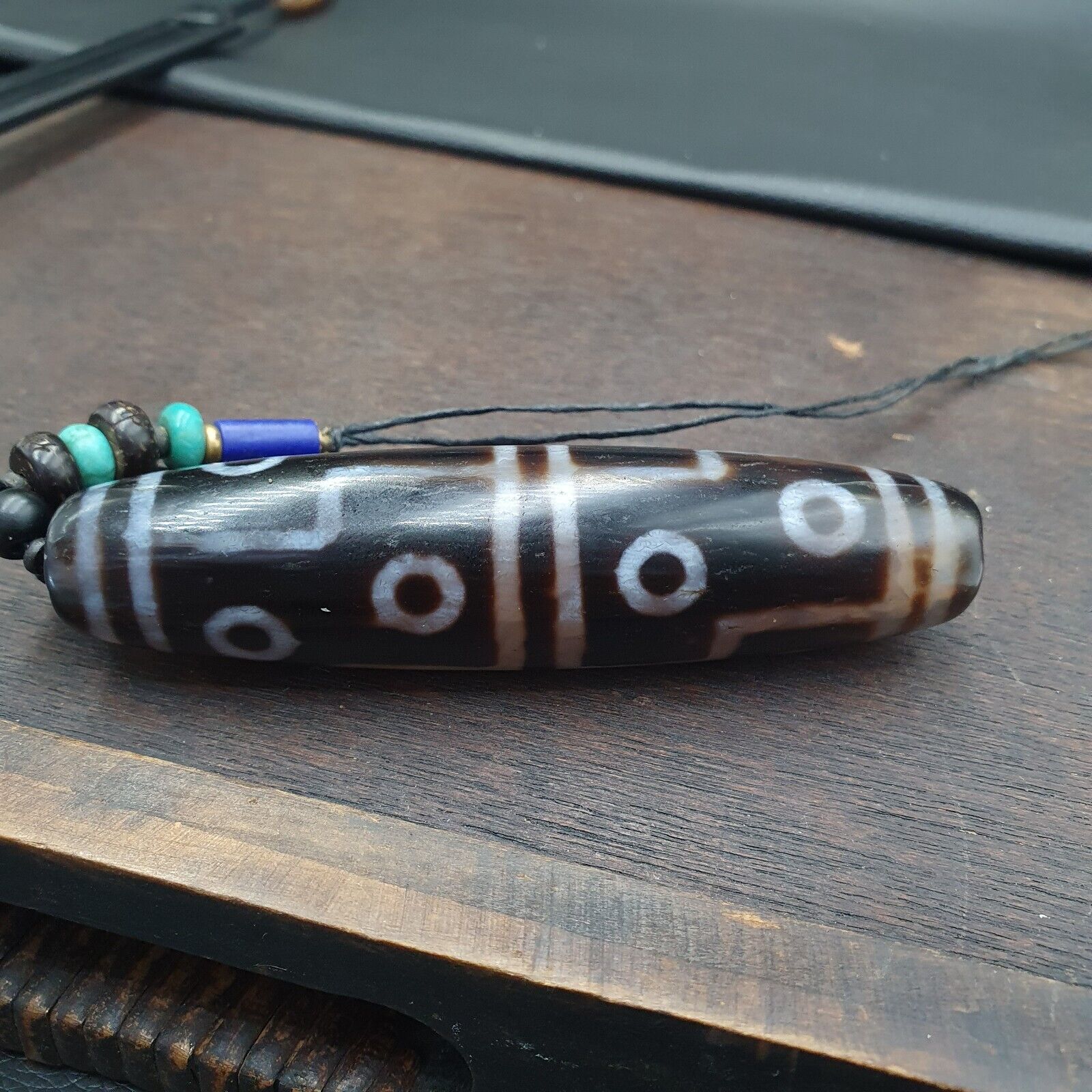Large Himalayan Tibetan 12 Eyes Dzi Agate Bead with turquoise and Lapis 94MM