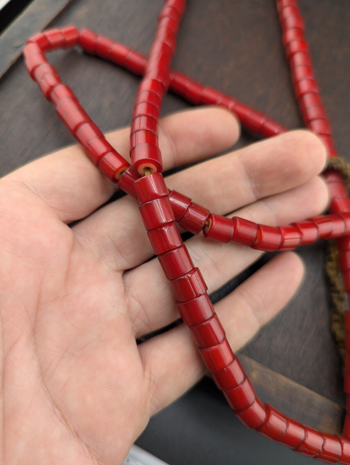 7mm Antique Venetian Style cranberry red White Heart Beads Necklace 24" long