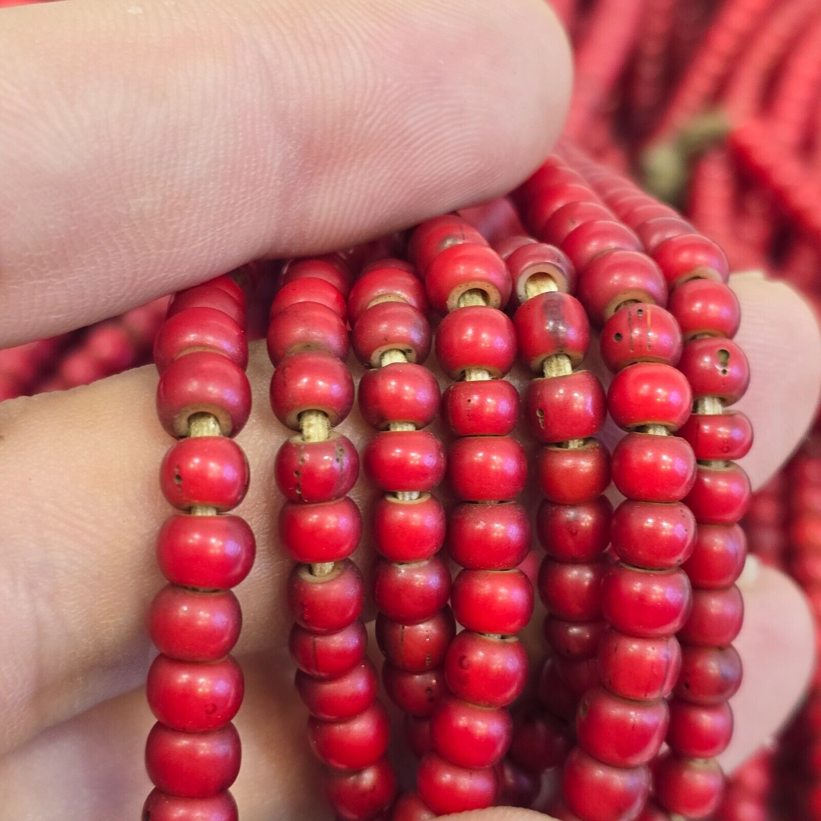 5-5.5mm Antique Venetian cranberry red White Heart Trade Beads Necklace 24" long