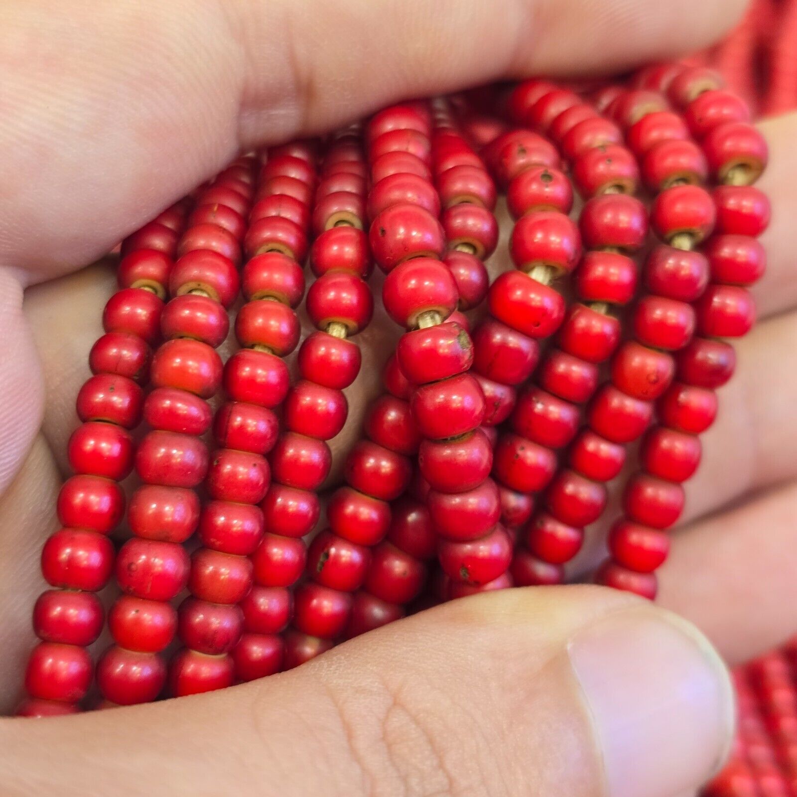 5-5.5mm Antique Venetian cranberry red White Heart Trade Beads Necklace 24" long